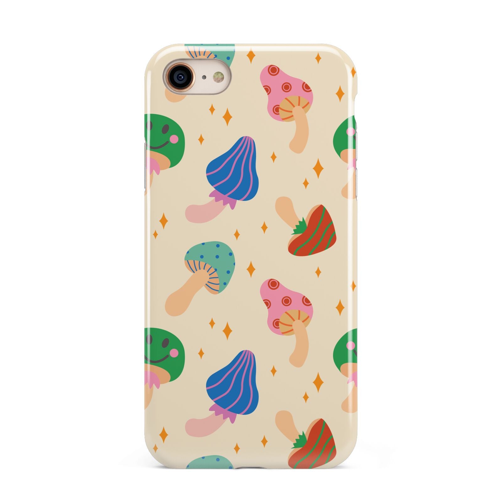 Retro Psychedelic Mushrooms iPhone 8 3D Tough Case on Gold Phone