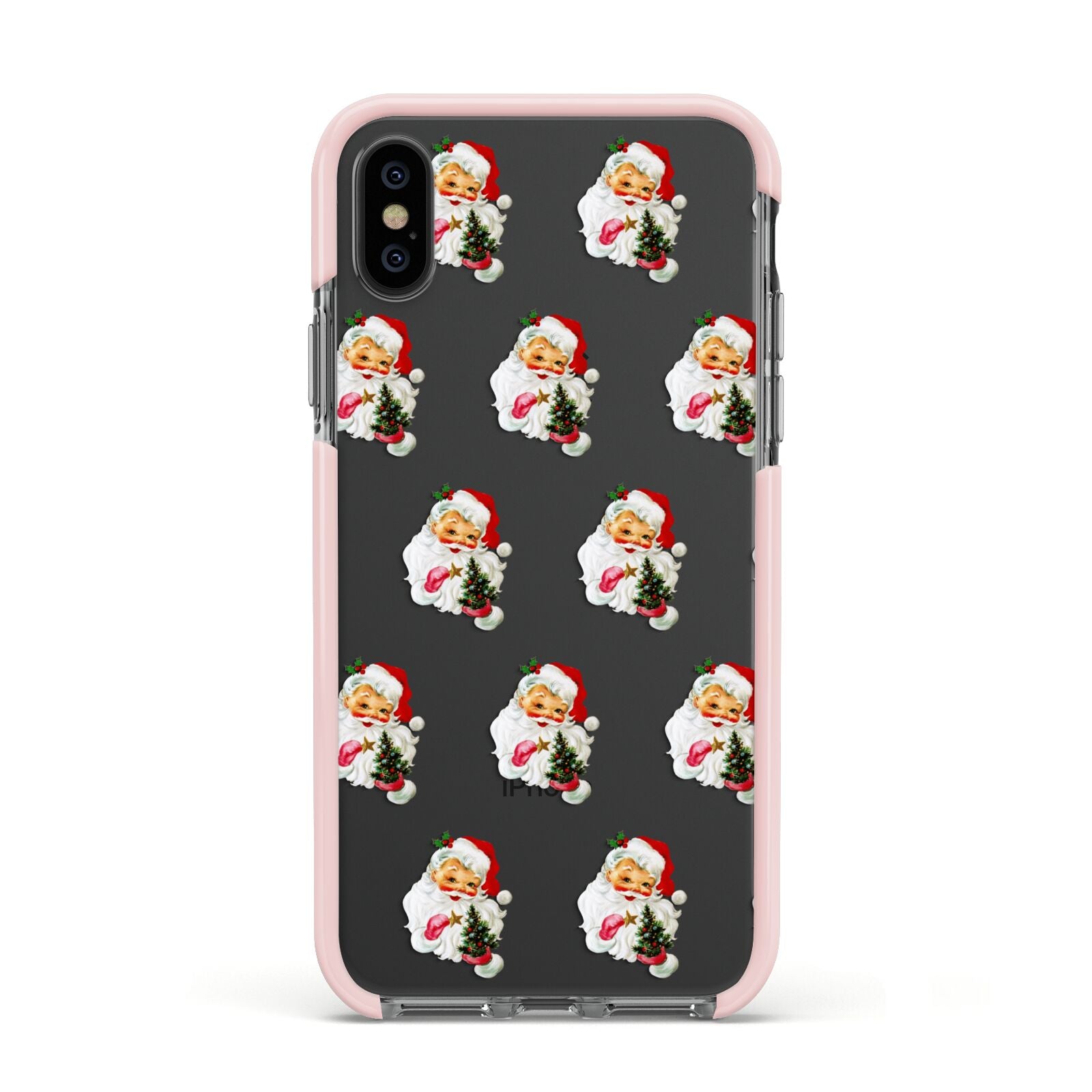 Retro Santa Face Apple iPhone Xs Impact Case Pink Edge on Black Phone