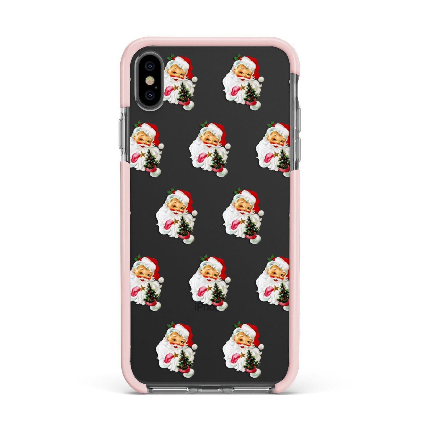 Retro Santa Face Apple iPhone Xs Max Impact Case Pink Edge on Black Phone