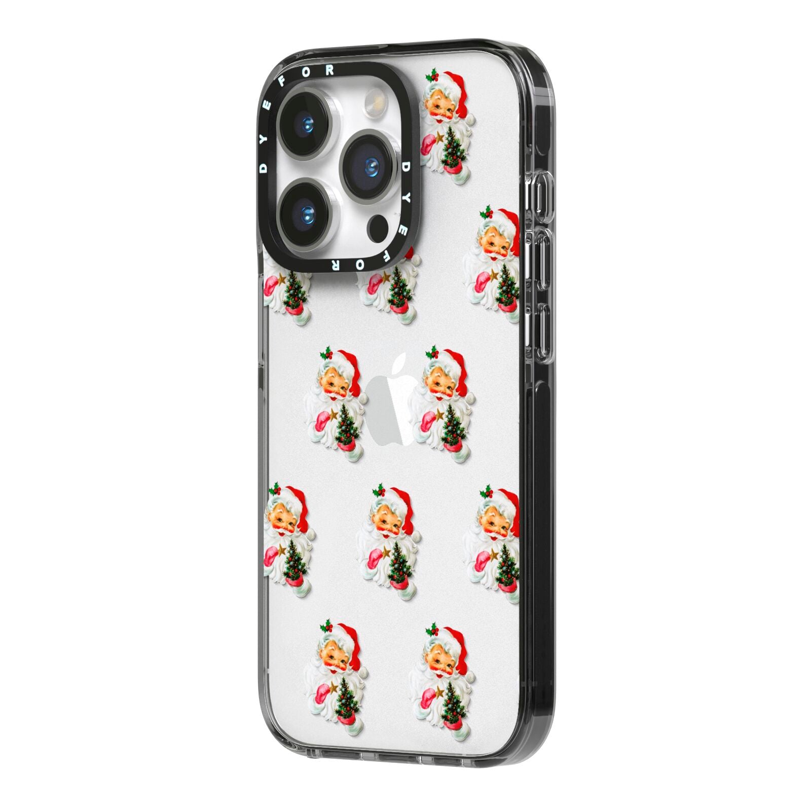 Retro Santa Face iPhone 14 Pro Black Impact Case Side Angle on Silver phone