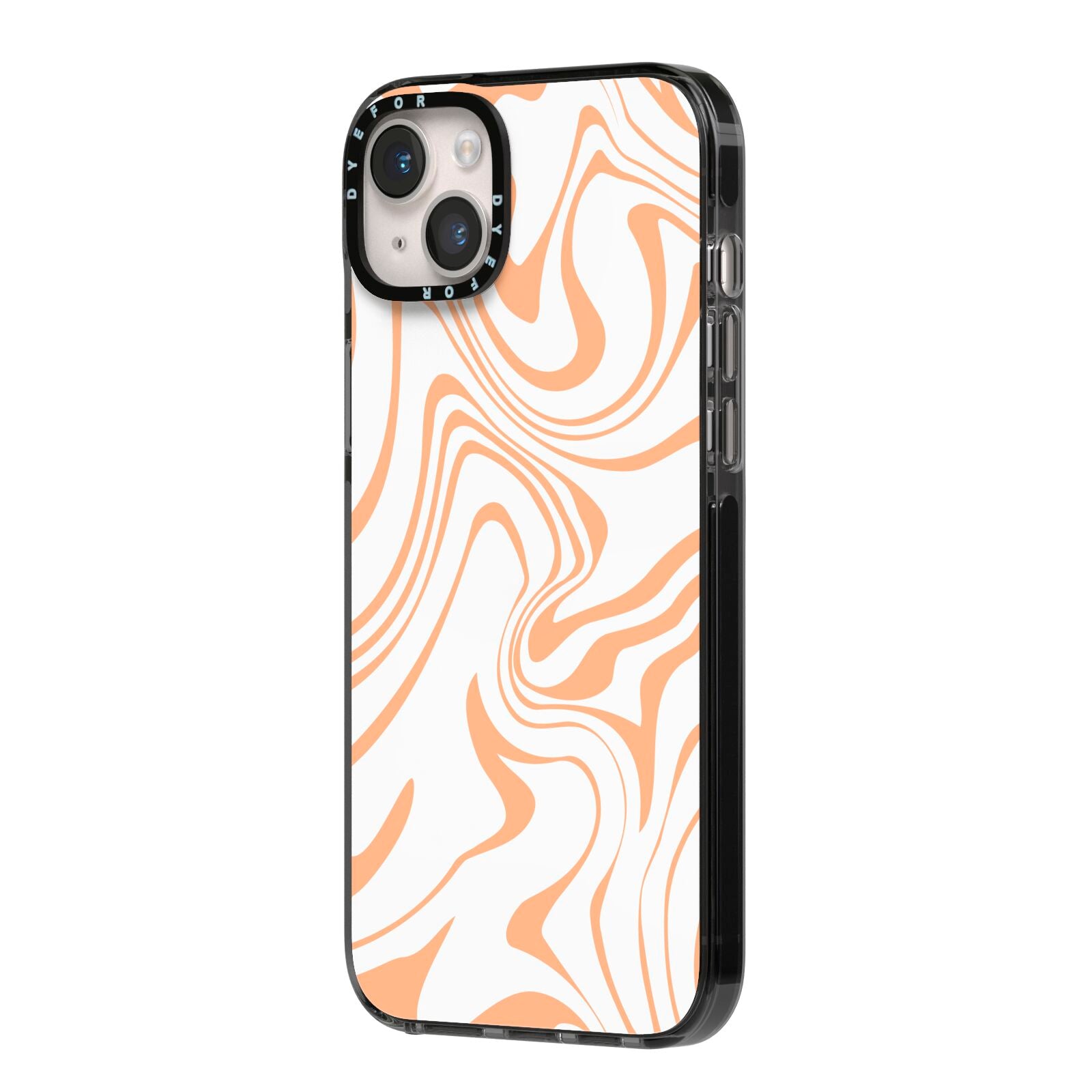 Retro Swirl iPhone 14 Plus Black Impact Case Side Angle on Silver phone