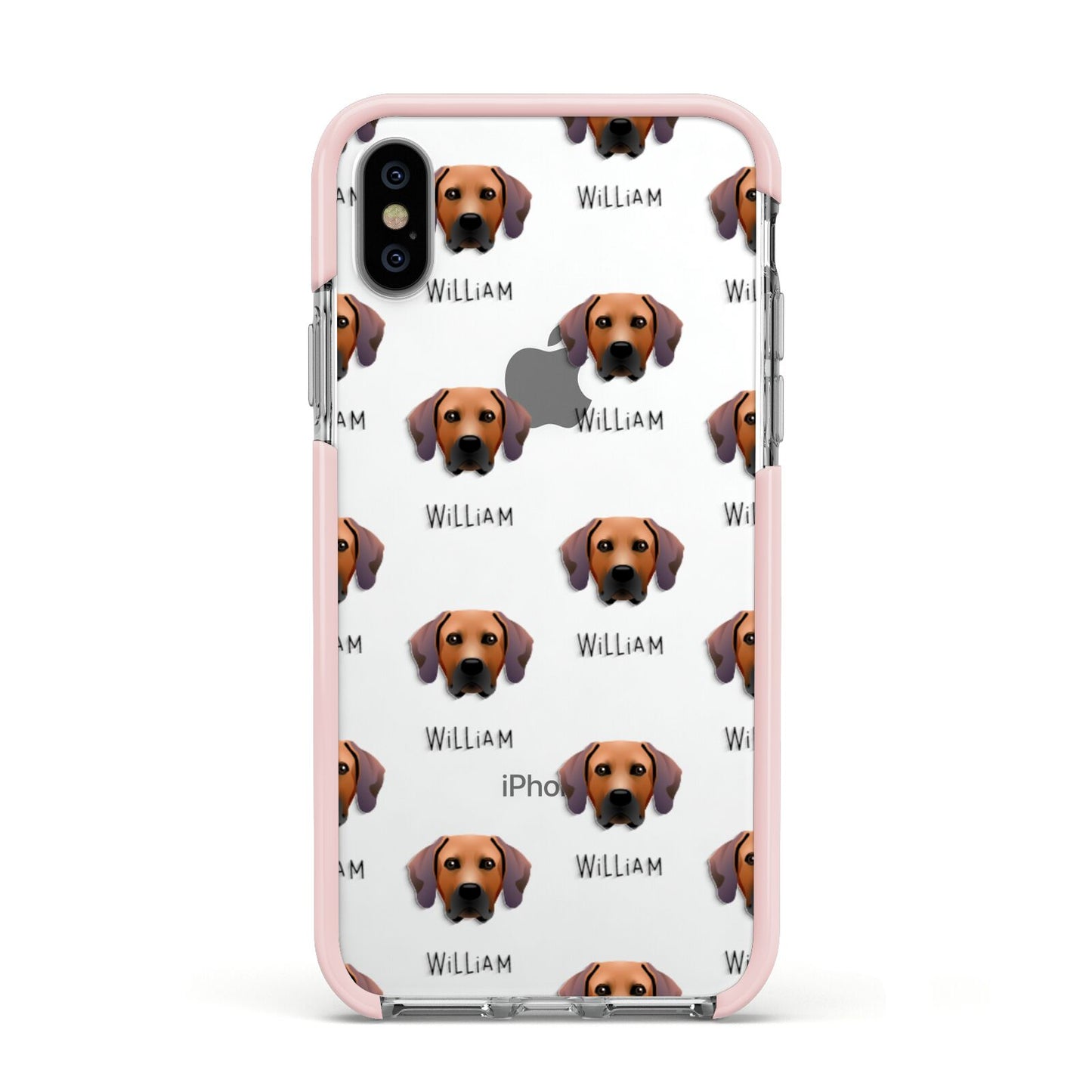 Rhodesian Ridgeback Icon with Name Apple iPhone Xs Impact Case Pink Edge on Silver Phone