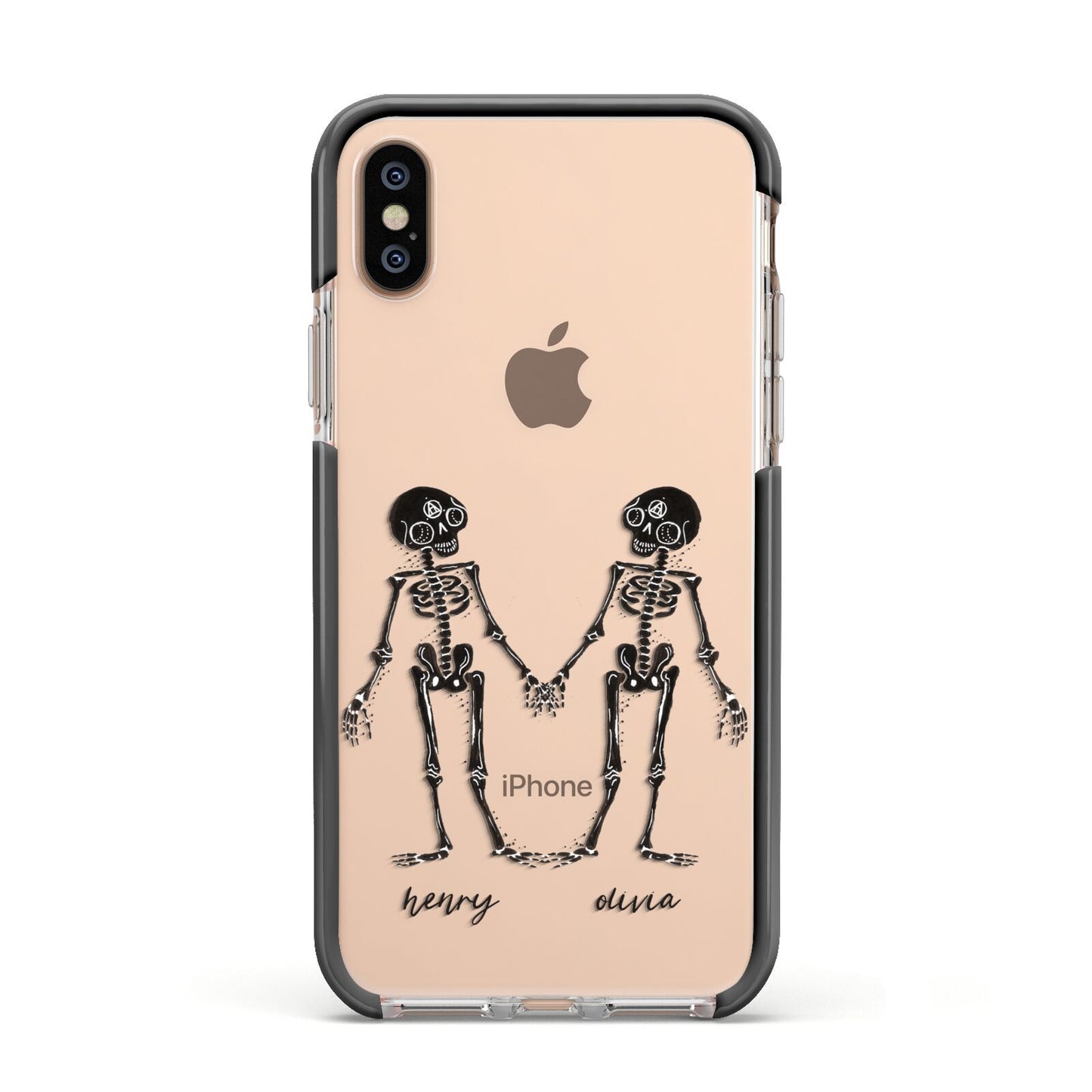 Romantic Skeletons Personalised Apple iPhone Xs Impact Case Black Edge on Gold Phone