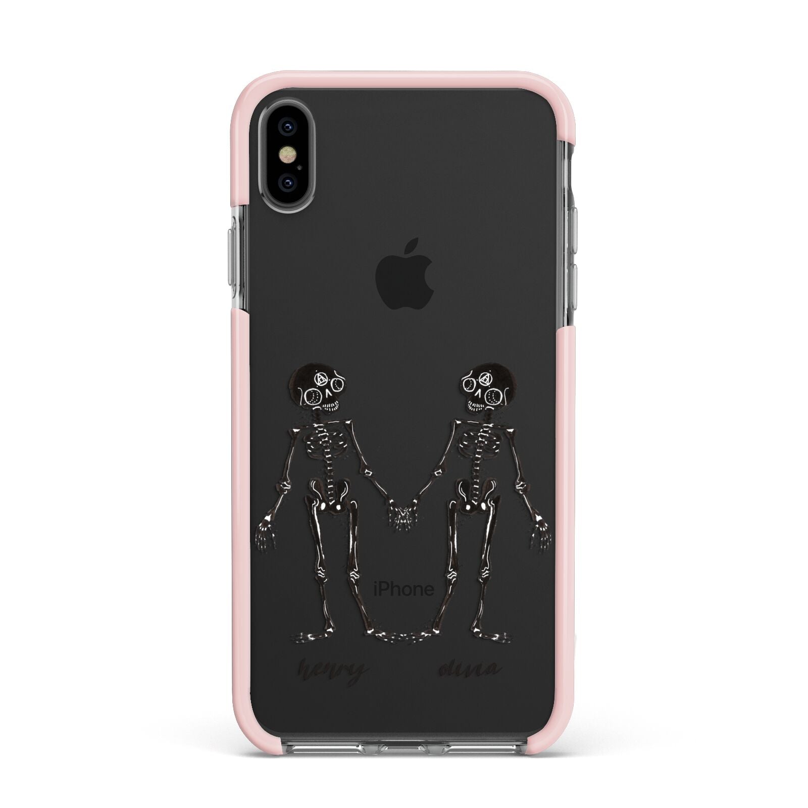 Romantic Skeletons Personalised Apple iPhone Xs Max Impact Case Pink Edge on Black Phone