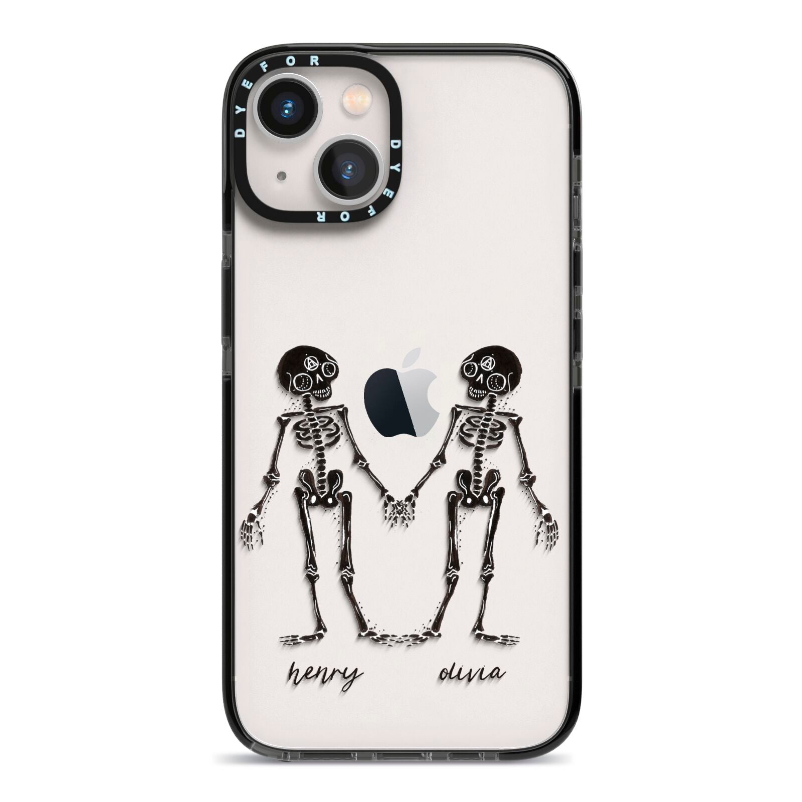 Romantic Skeletons Personalised iPhone 13 Black Impact Case on Silver phone