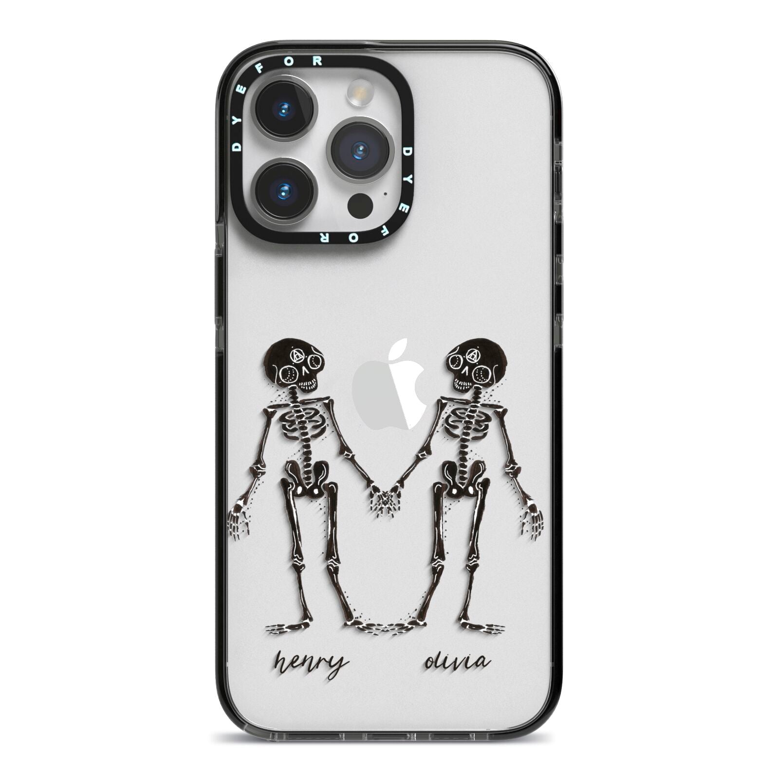 Romantic Skeletons Personalised iPhone 14 Pro Max Black Impact Case on Silver phone