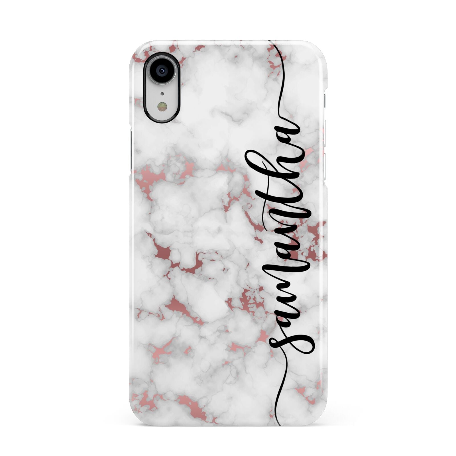 Rose Gold Marble Vertical Black Personalised Name Apple iPhone XR White 3D Snap Case