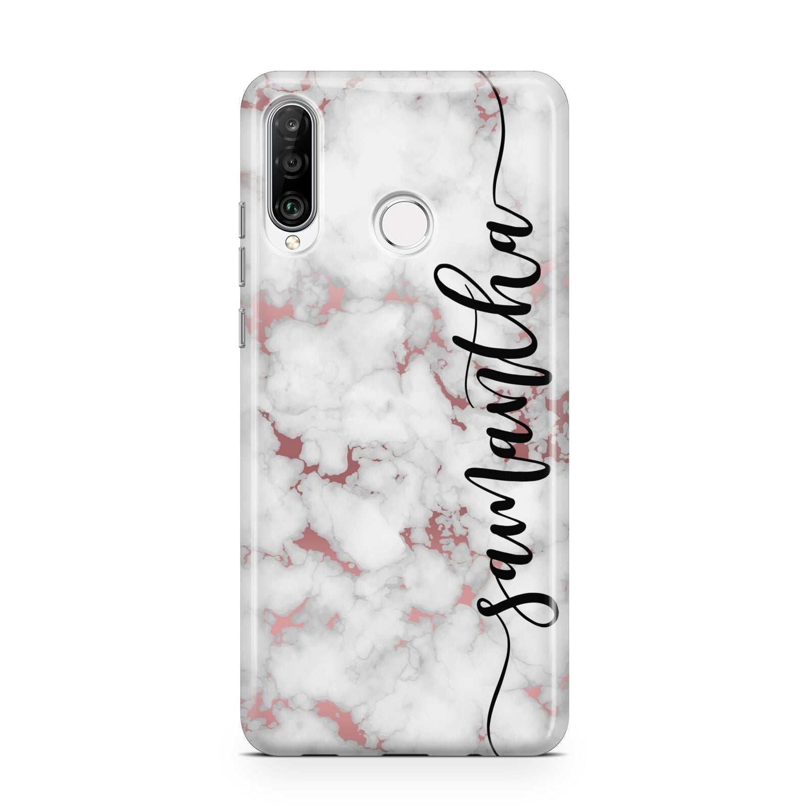 Rose Gold Marble Vertical Black Personalised Name Huawei P30 Lite Phone Case