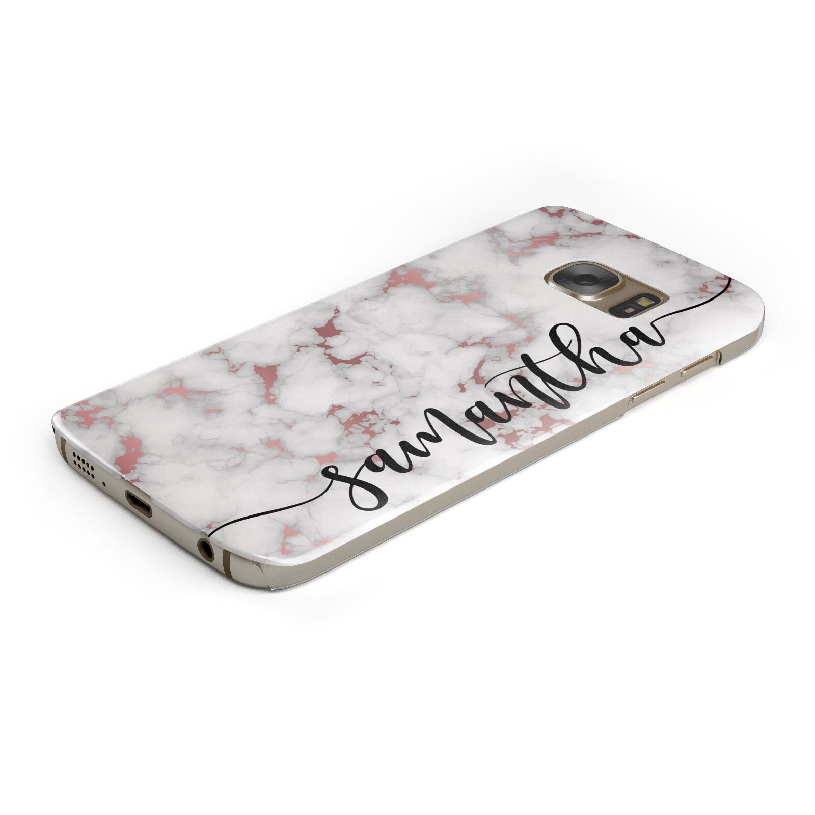 Rose Gold Marble Vertical Black Personalised Name Protective Samsung Galaxy Case Angled Image