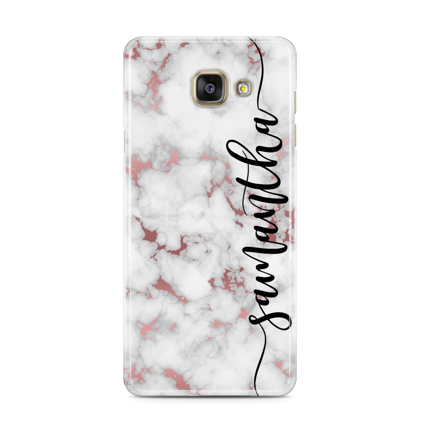 Rose Gold Marble Vertical Black Personalised Name Samsung Galaxy A3 2016 Case on gold phone