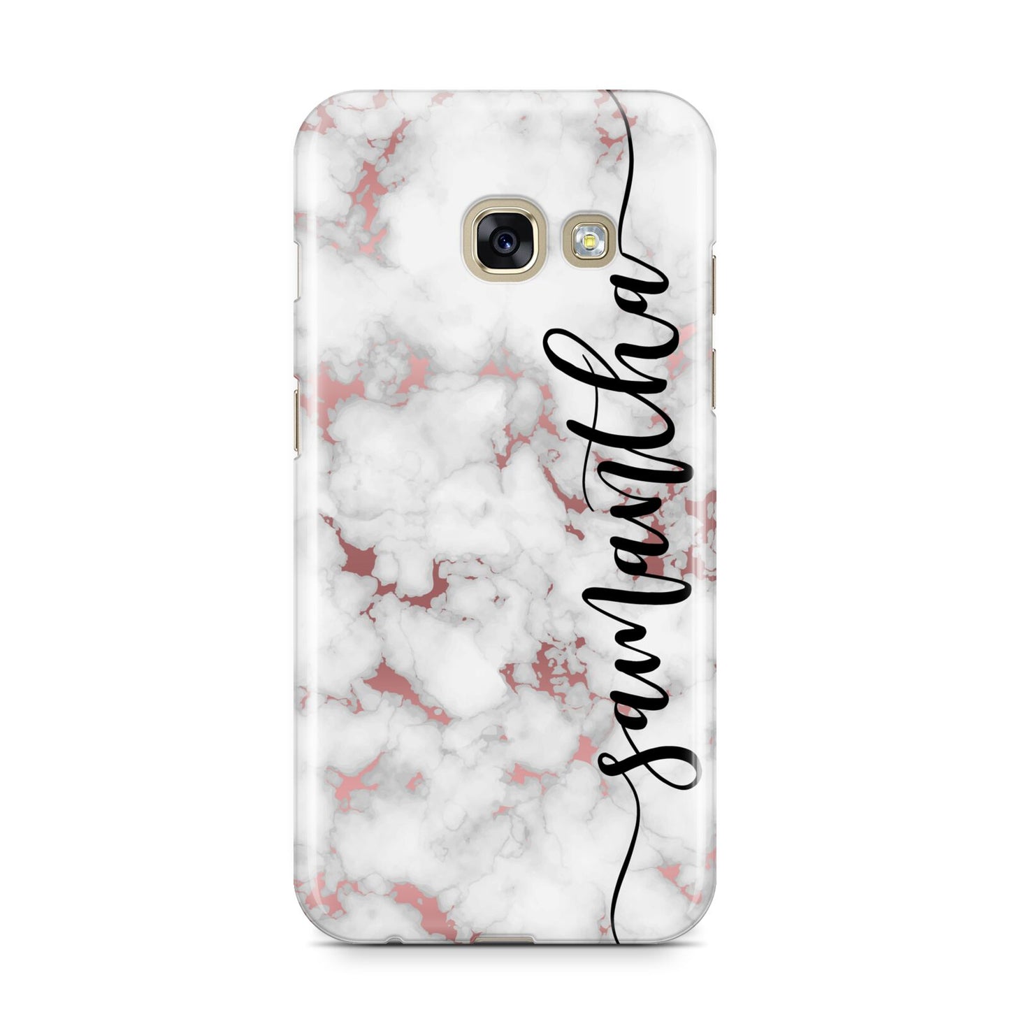 Rose Gold Marble Vertical Black Personalised Name Samsung Galaxy A3 2017 Case on gold phone