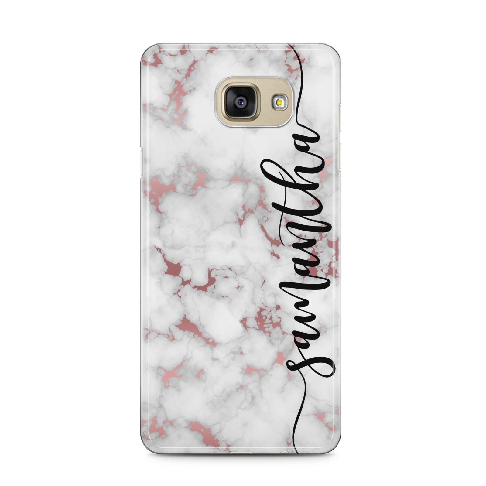 Rose Gold Marble Vertical Black Personalised Name Samsung Galaxy A5 2016 Case on gold phone