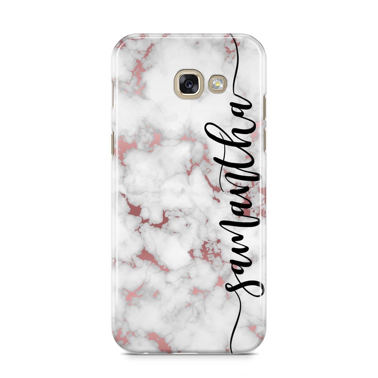 Rose Gold Marble Vertical Black Personalised Name Samsung Galaxy A5 2017 Case on gold phone