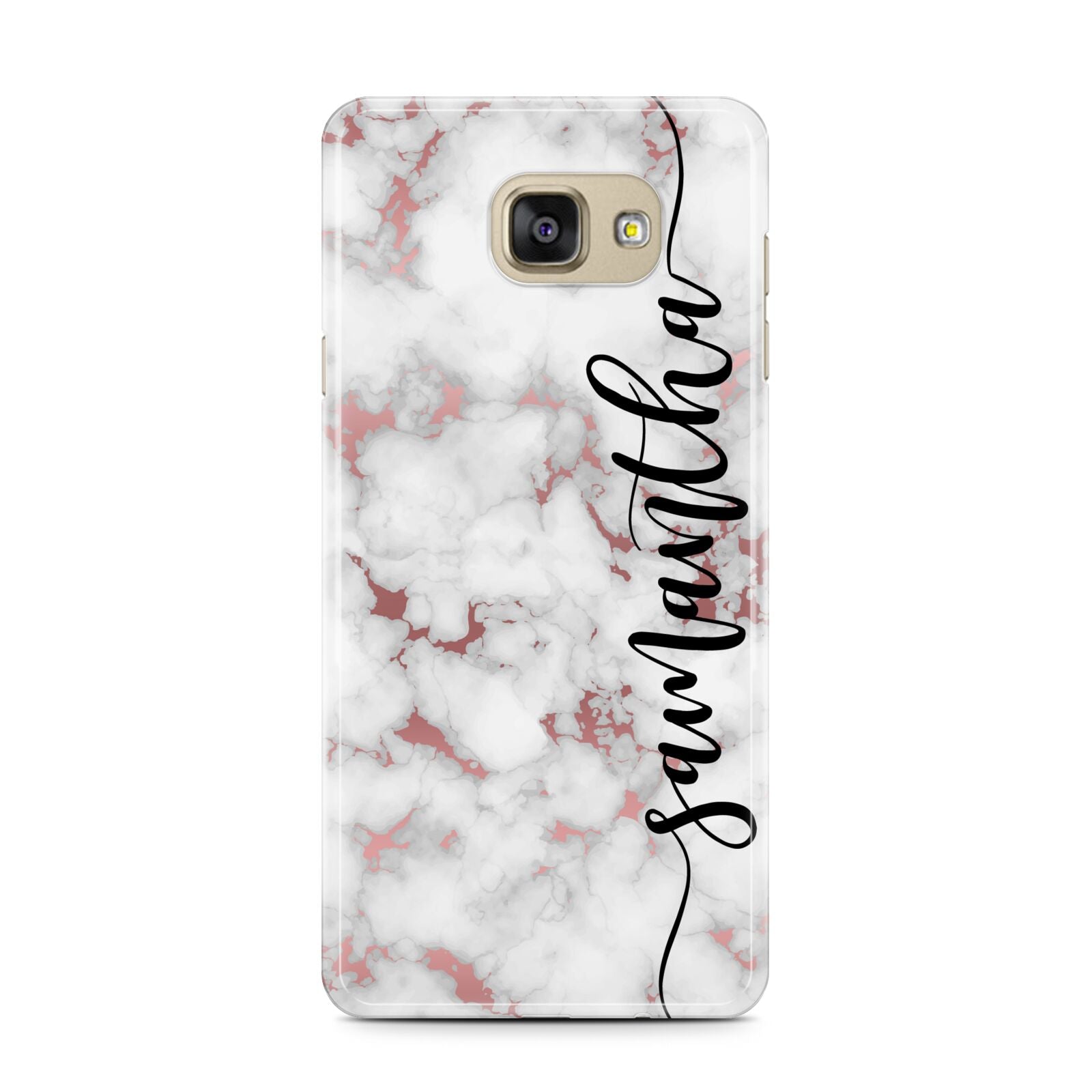 Rose Gold Marble Vertical Black Personalised Name Samsung Galaxy A7 2016 Case on gold phone