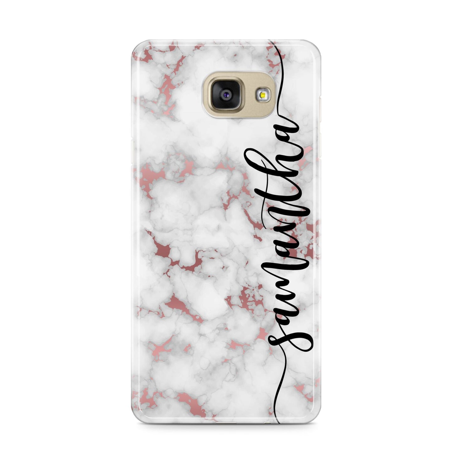 Rose Gold Marble Vertical Black Personalised Name Samsung Galaxy A9 2016 Case on gold phone