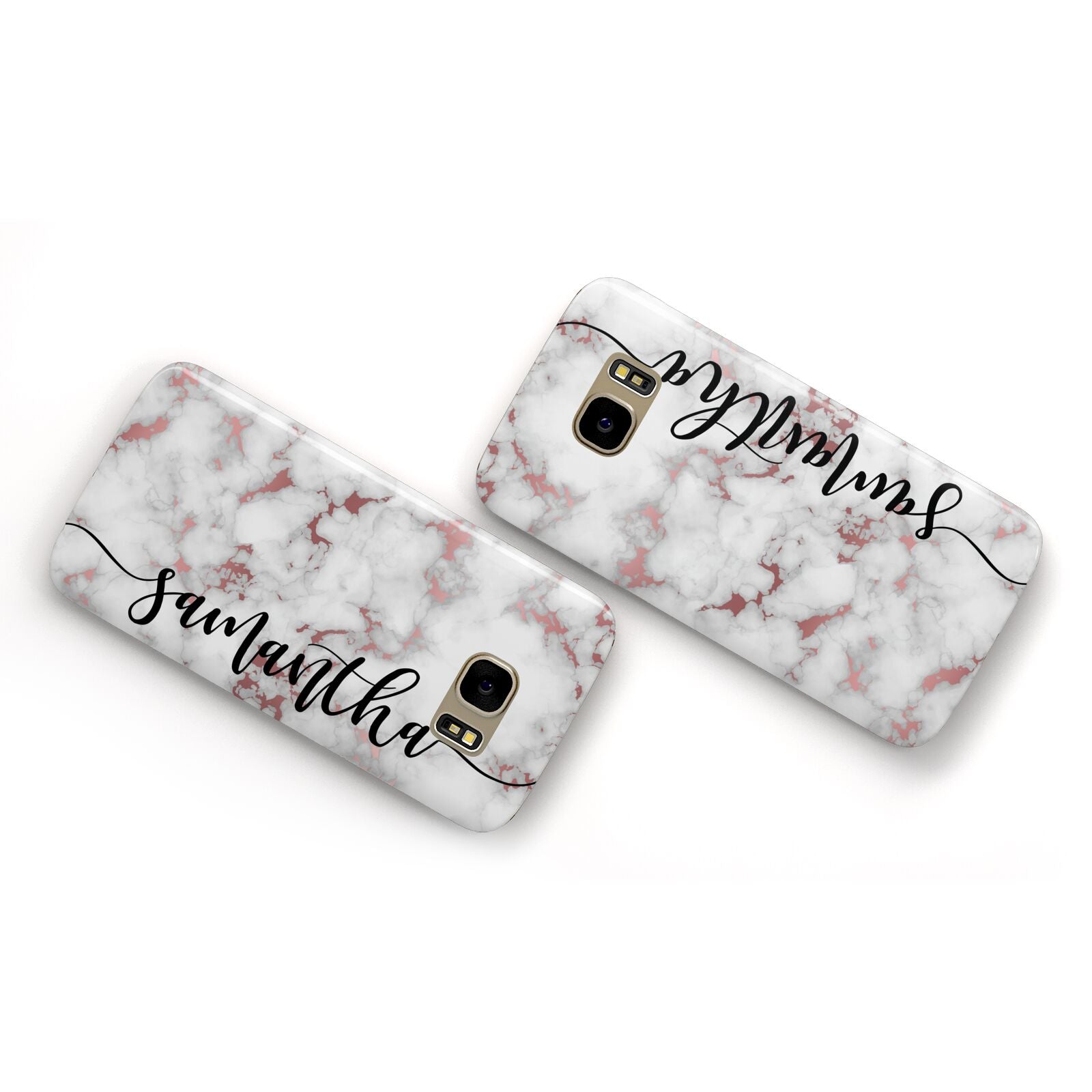 Rose Gold Marble Vertical Black Personalised Name Samsung Galaxy Case Flat Overview