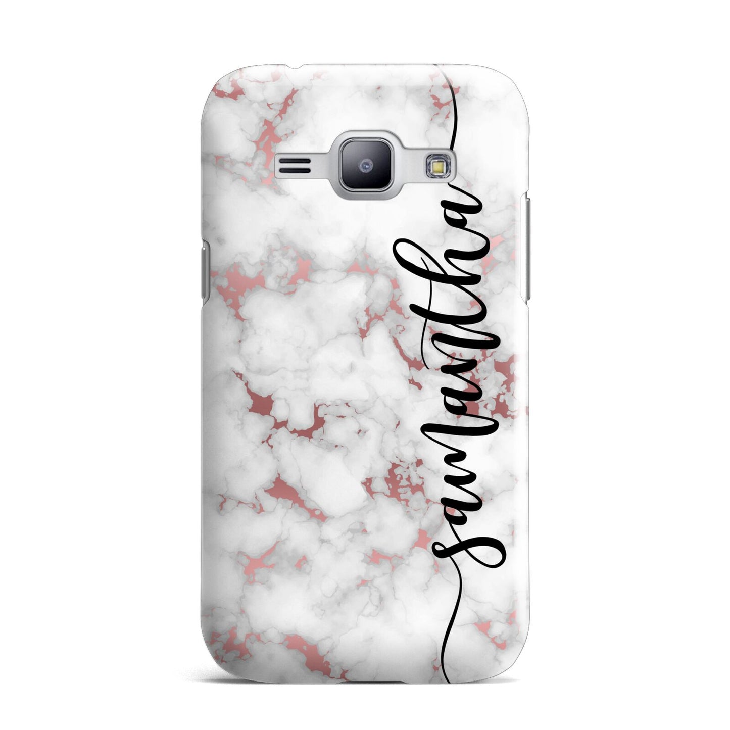 Rose Gold Marble Vertical Black Personalised Name Samsung Galaxy J1 2015 Case