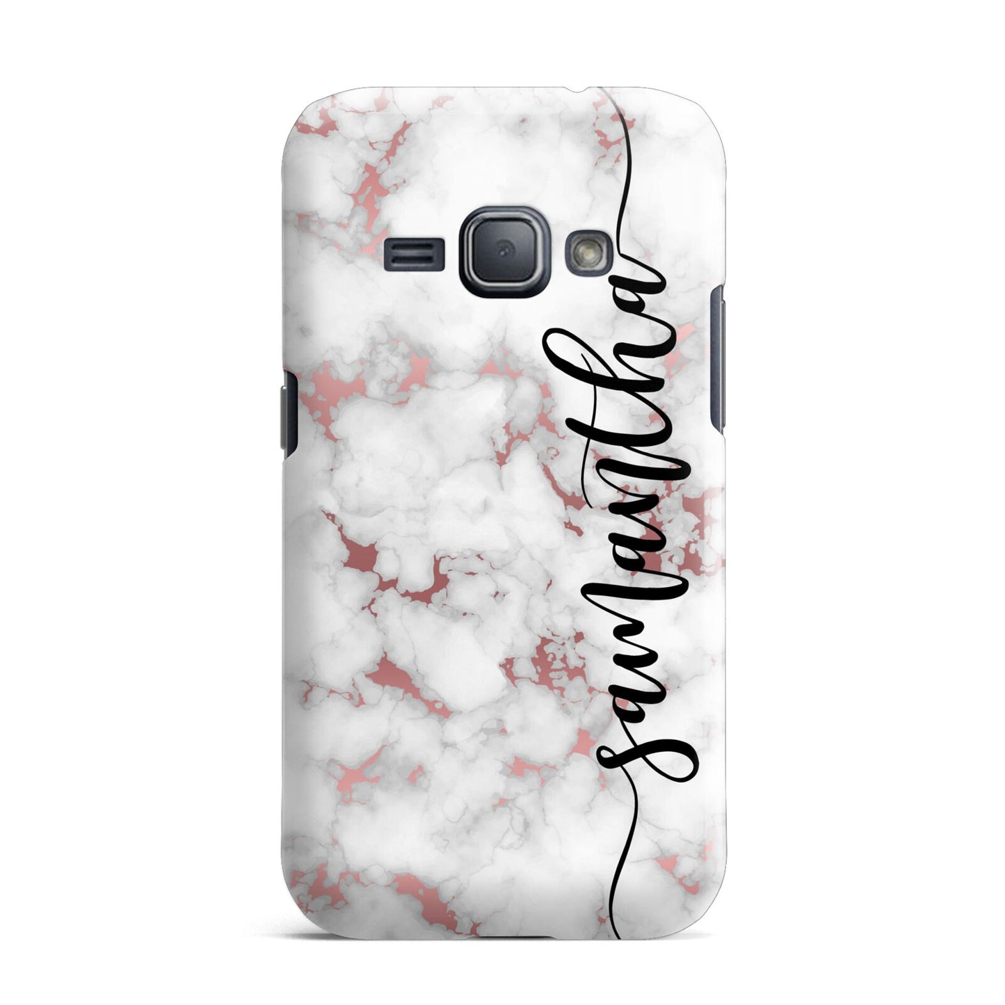 Rose Gold Marble Vertical Black Personalised Name Samsung Galaxy J1 2016 Case