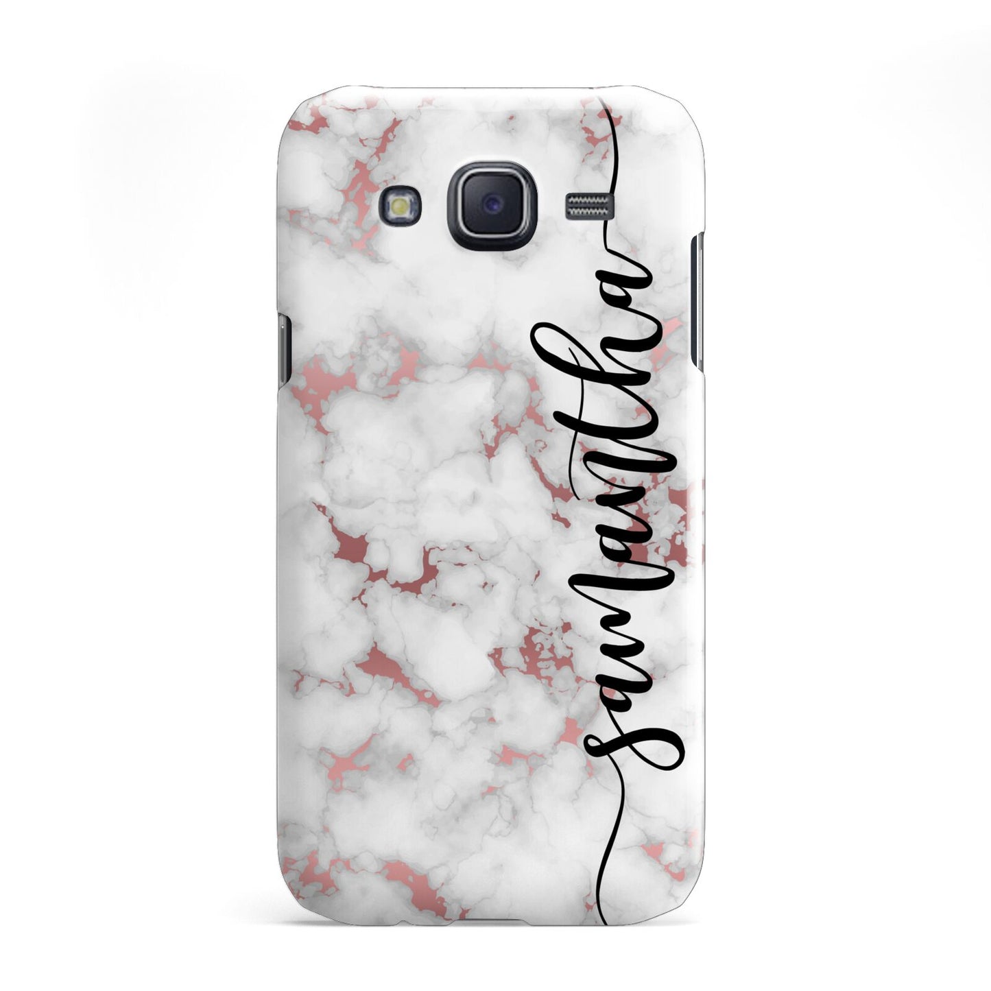 Rose Gold Marble Vertical Black Personalised Name Samsung Galaxy J5 Case