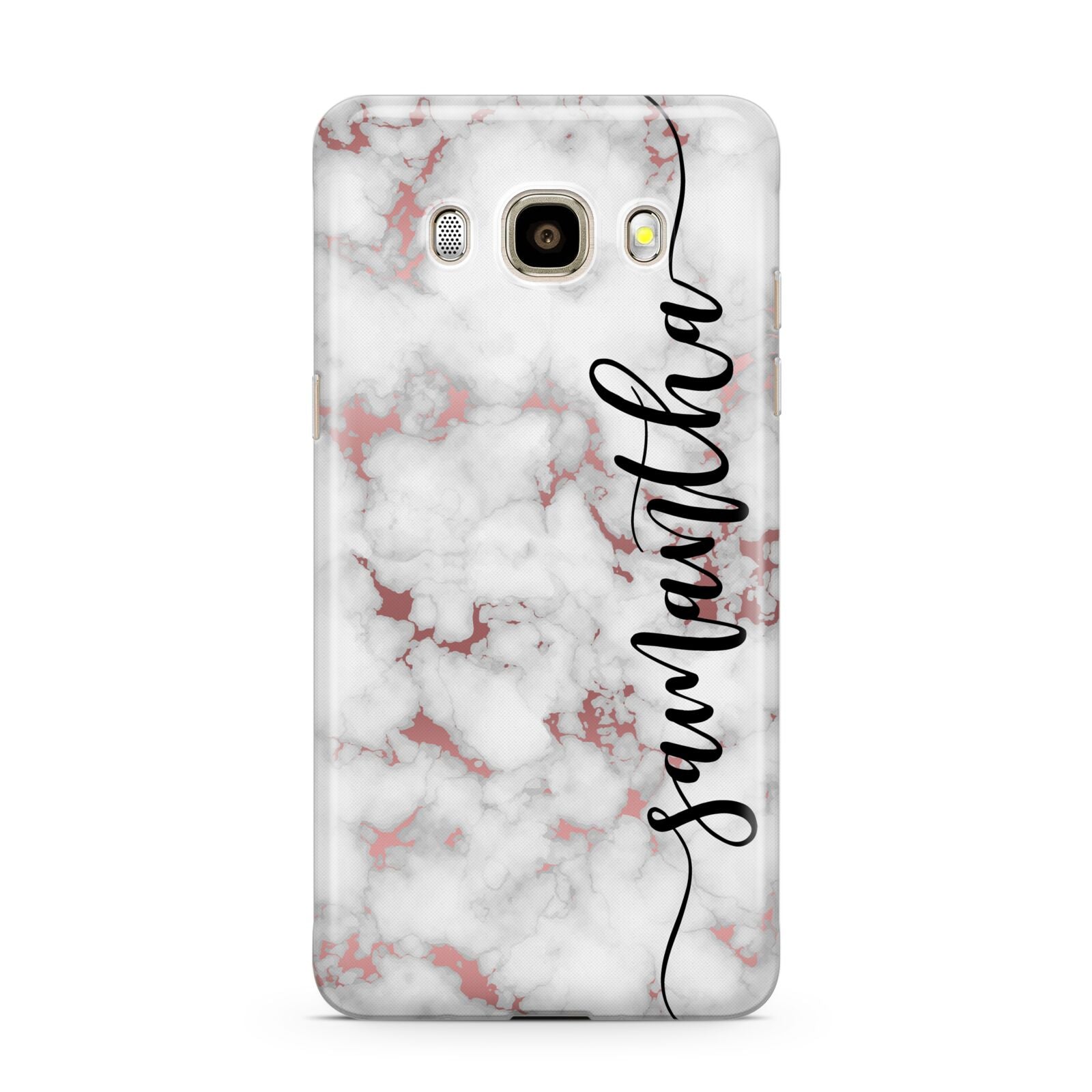 Rose Gold Marble Vertical Black Personalised Name Samsung Galaxy J7 2016 Case on gold phone