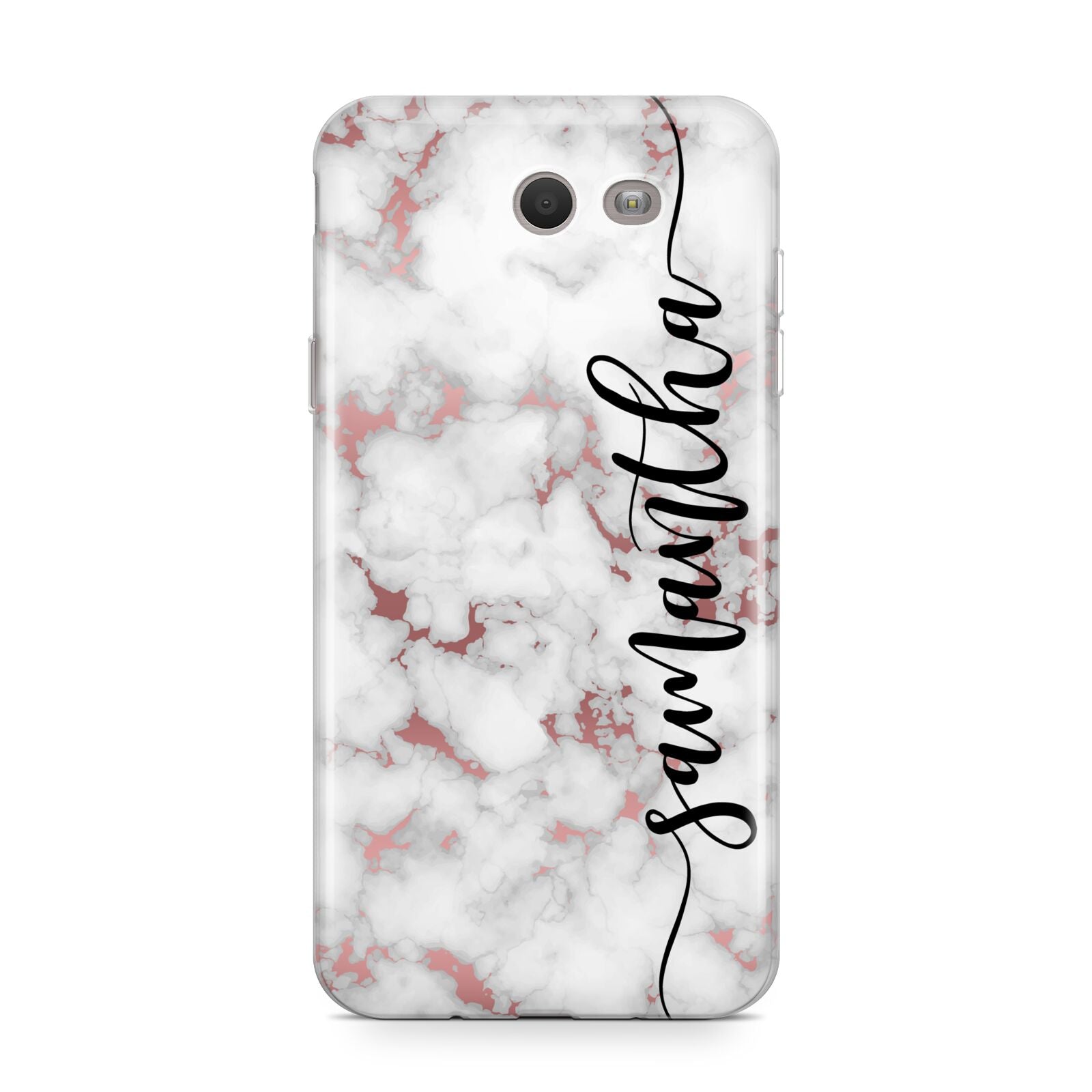 Rose Gold Marble Vertical Black Personalised Name Samsung Galaxy J7 2017 Case