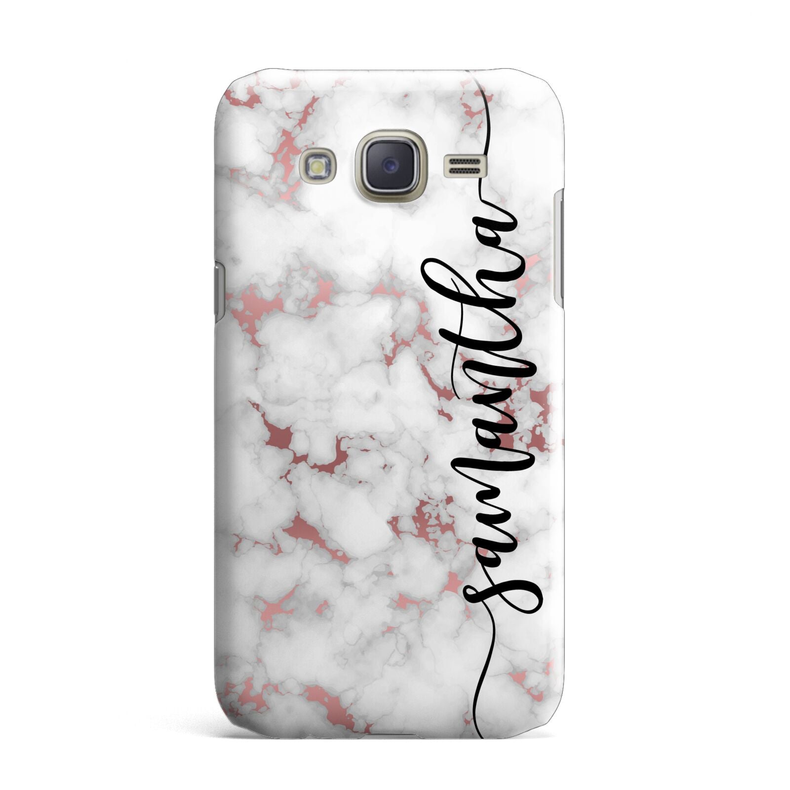 Rose Gold Marble Vertical Black Personalised Name Samsung Galaxy J7 Case