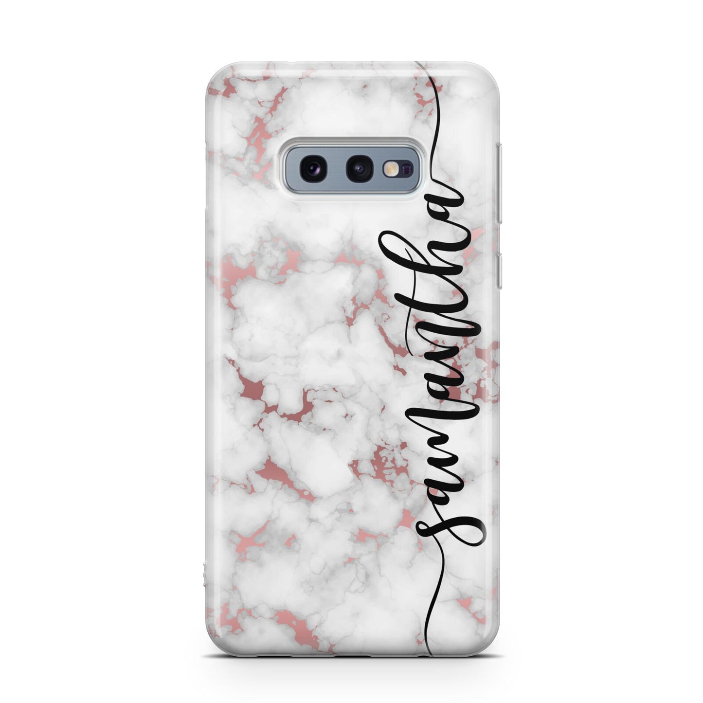 Rose Gold Marble Vertical Black Personalised Name Samsung Galaxy S10E Case