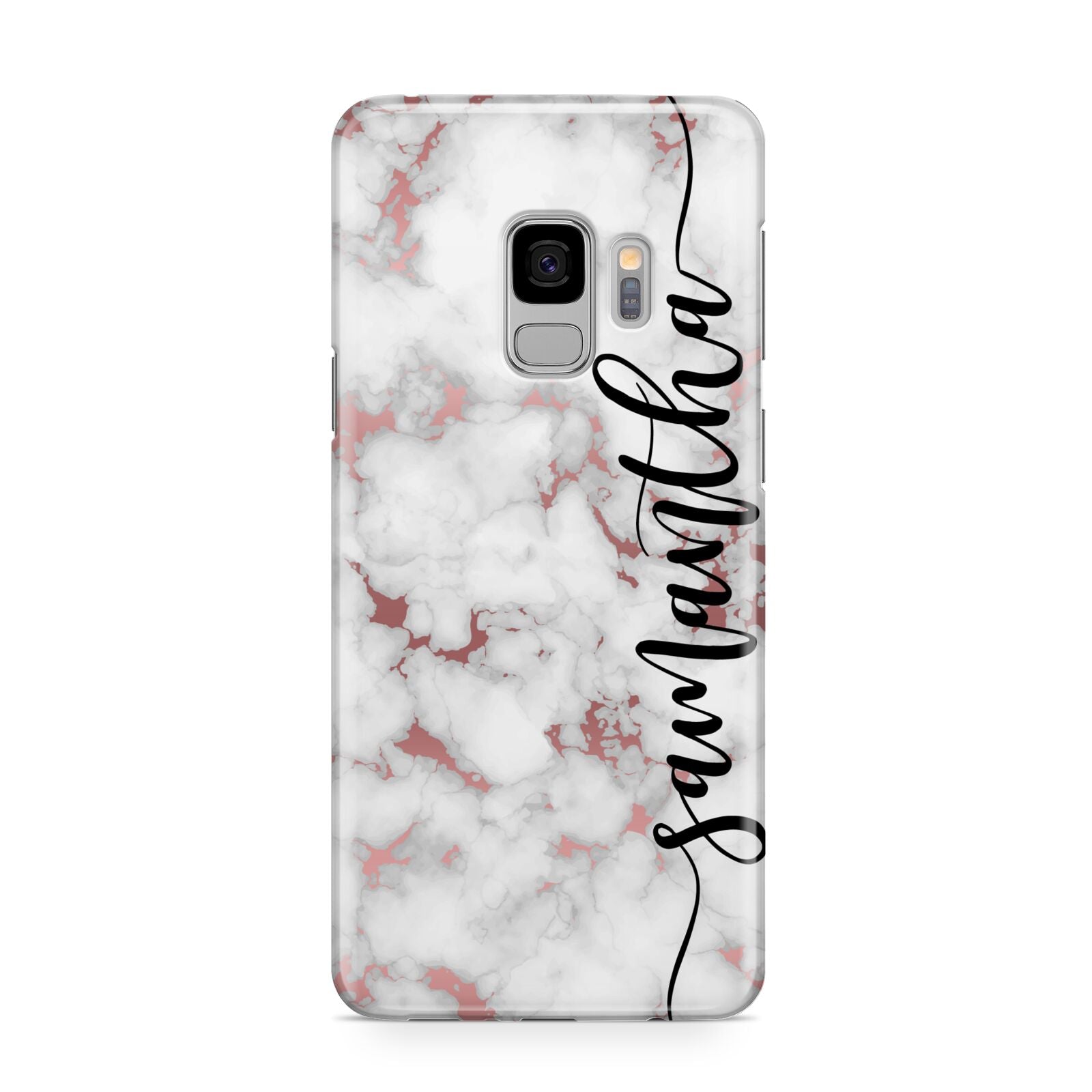 Rose Gold Marble Vertical Black Personalised Name Samsung Galaxy S9 Case