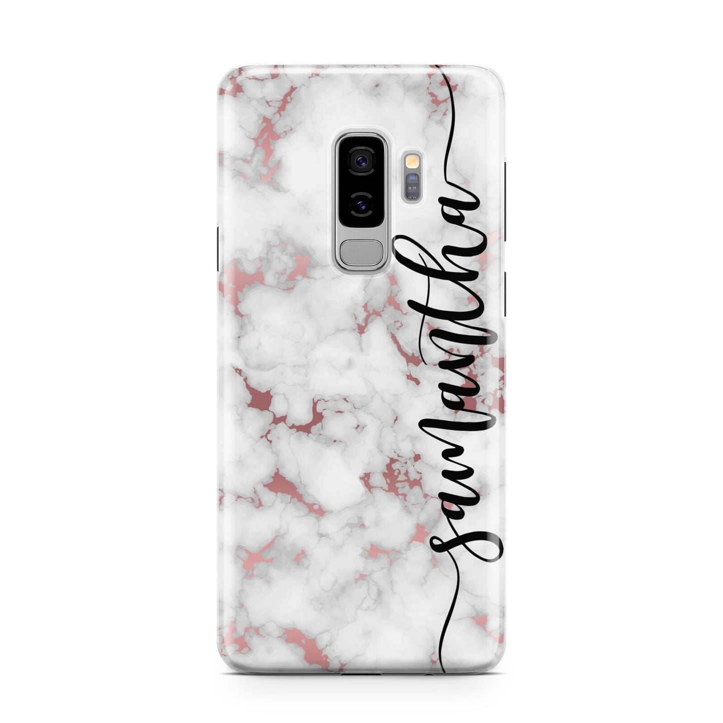 Rose Gold Marble Vertical Black Personalised Name Samsung Galaxy S9 Plus Case on Silver phone