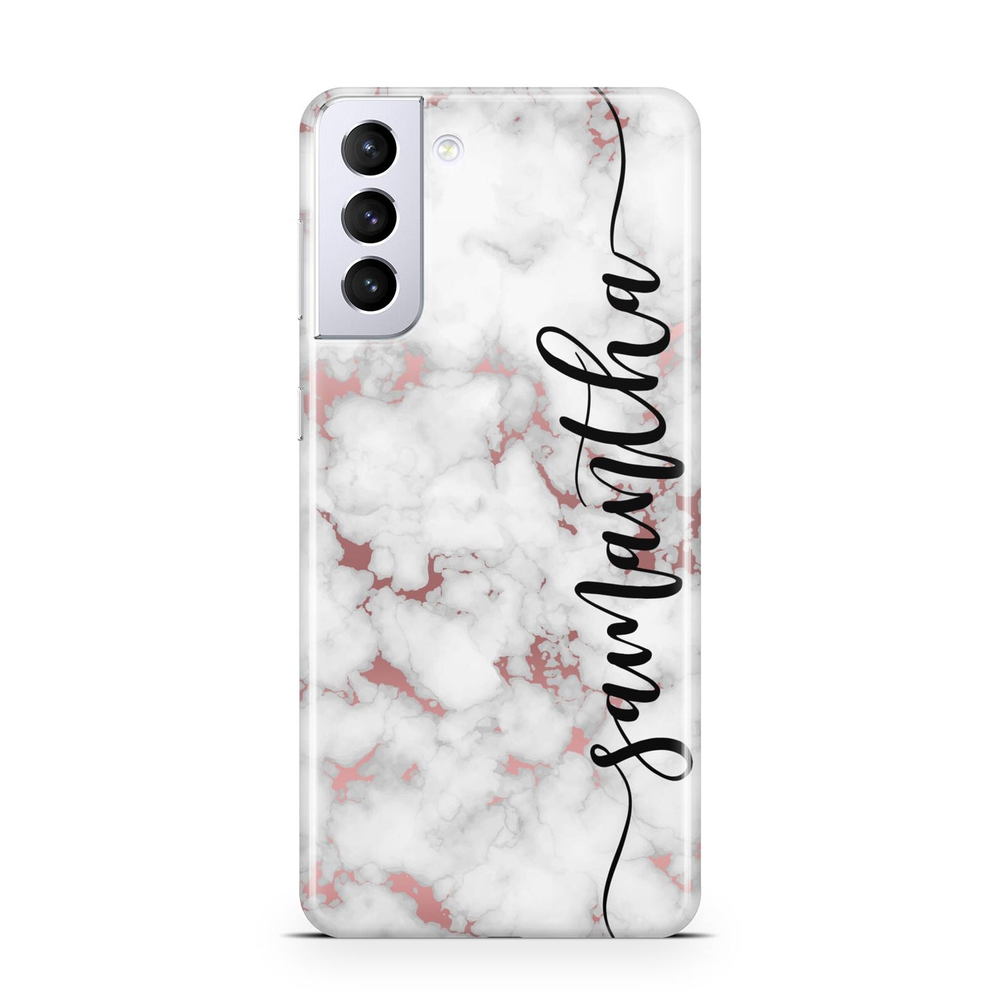 Rose Gold Marble Vertical Black Personalised Name Samsung S21 Plus Phone Case