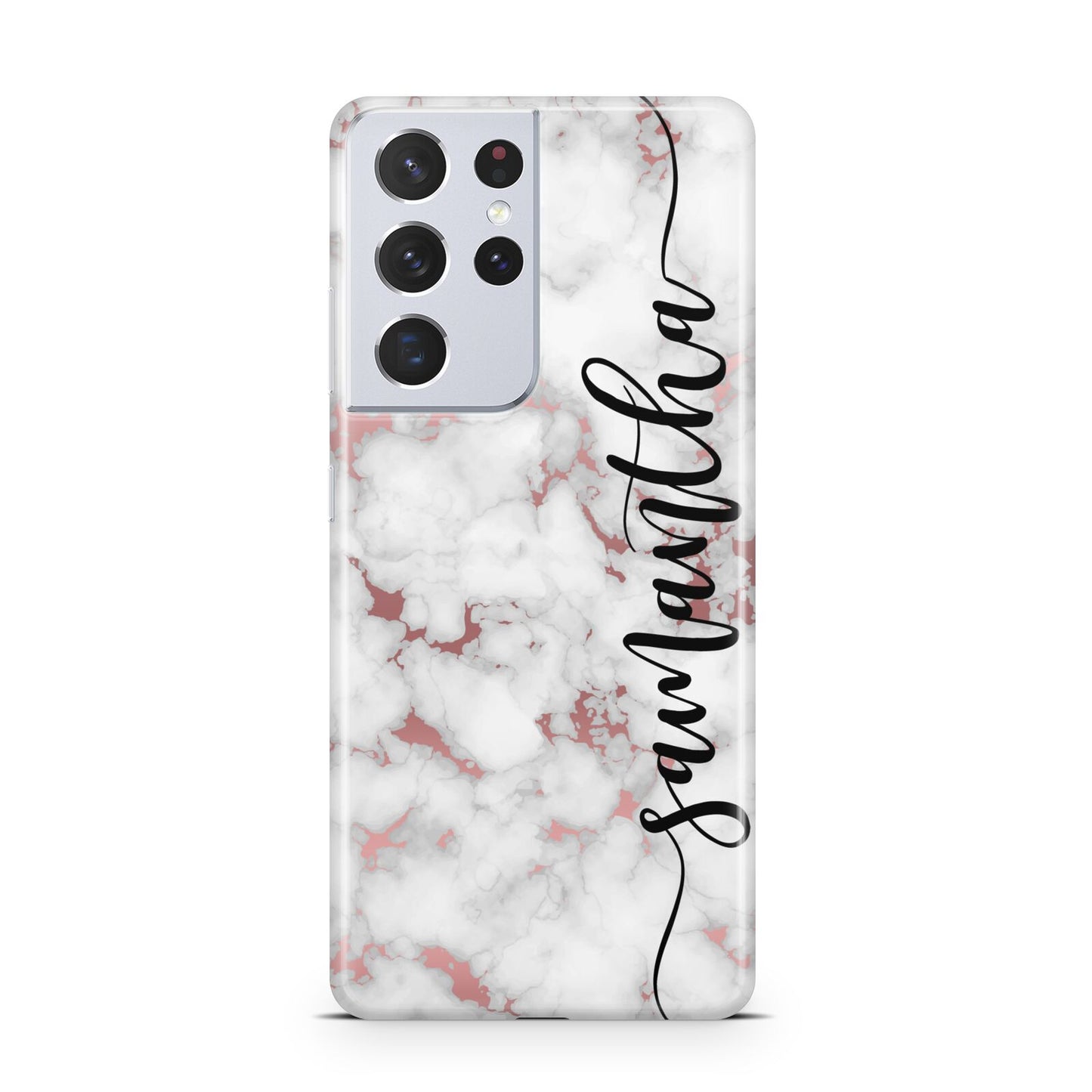 Rose Gold Marble Vertical Black Personalised Name Samsung S21 Ultra Case