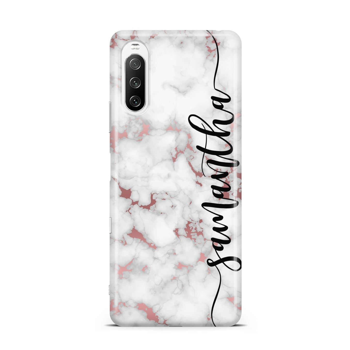 Rose Gold Marble Vertical Black Personalised Name Sony Xperia 10 III Case