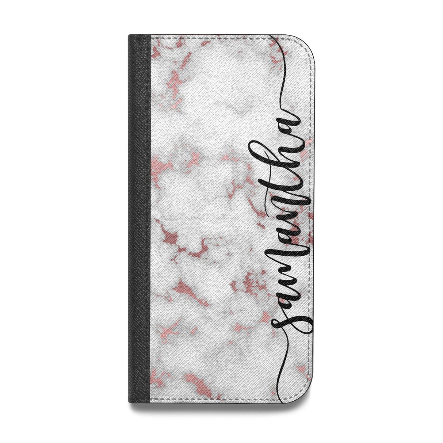 Rose Gold Marble Vertical Black Personalised Name Vegan Leather Flip iPhone Case