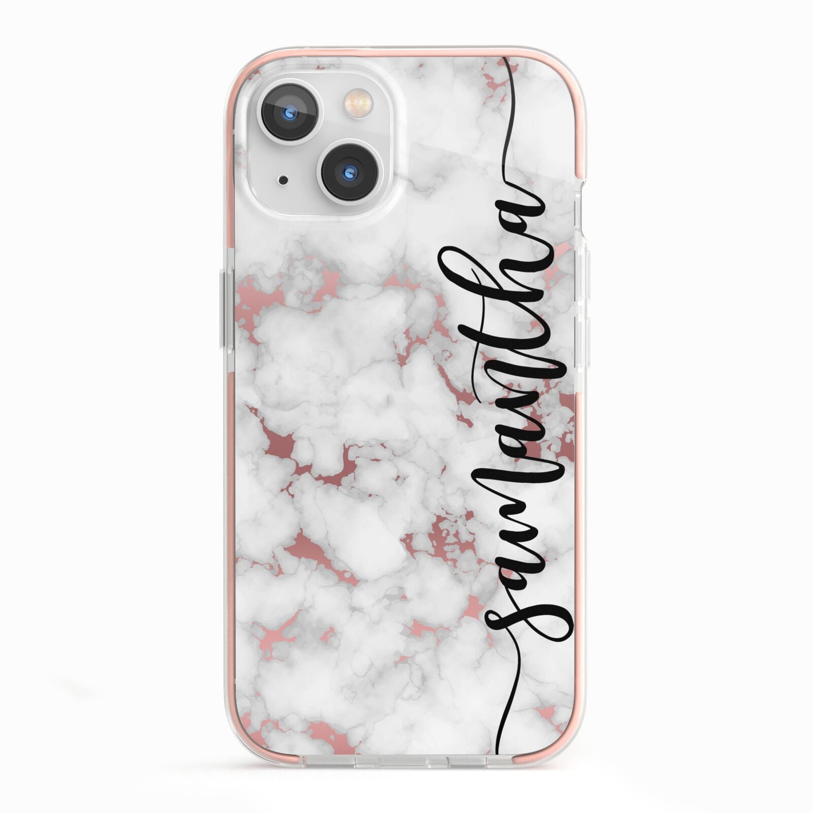 Rose Gold Marble Vertical Black Personalised Name iPhone 13 TPU Impact Case with Pink Edges