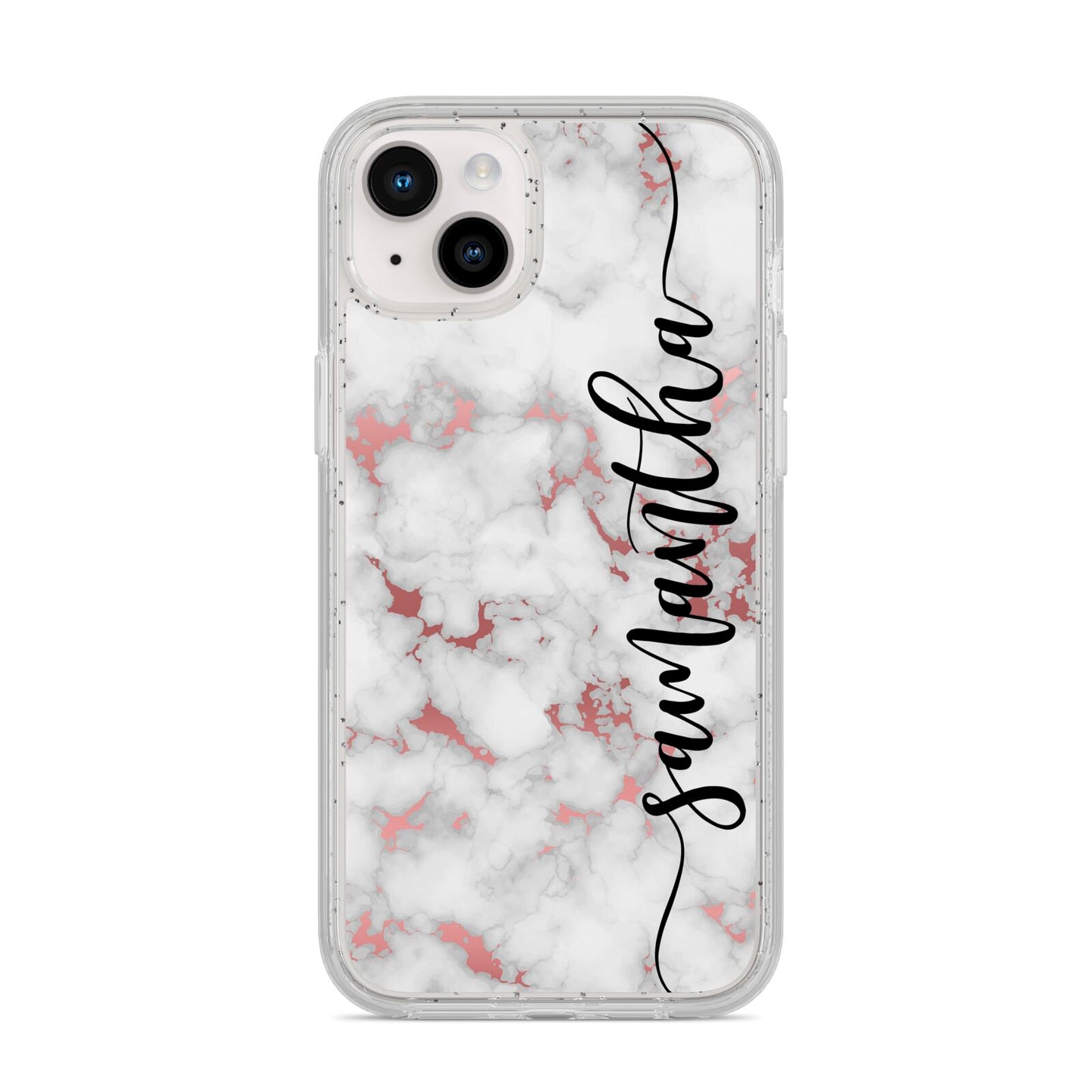 Rose Gold Marble Vertical Black Personalised Name iPhone 14 Plus Glitter Tough Case Starlight