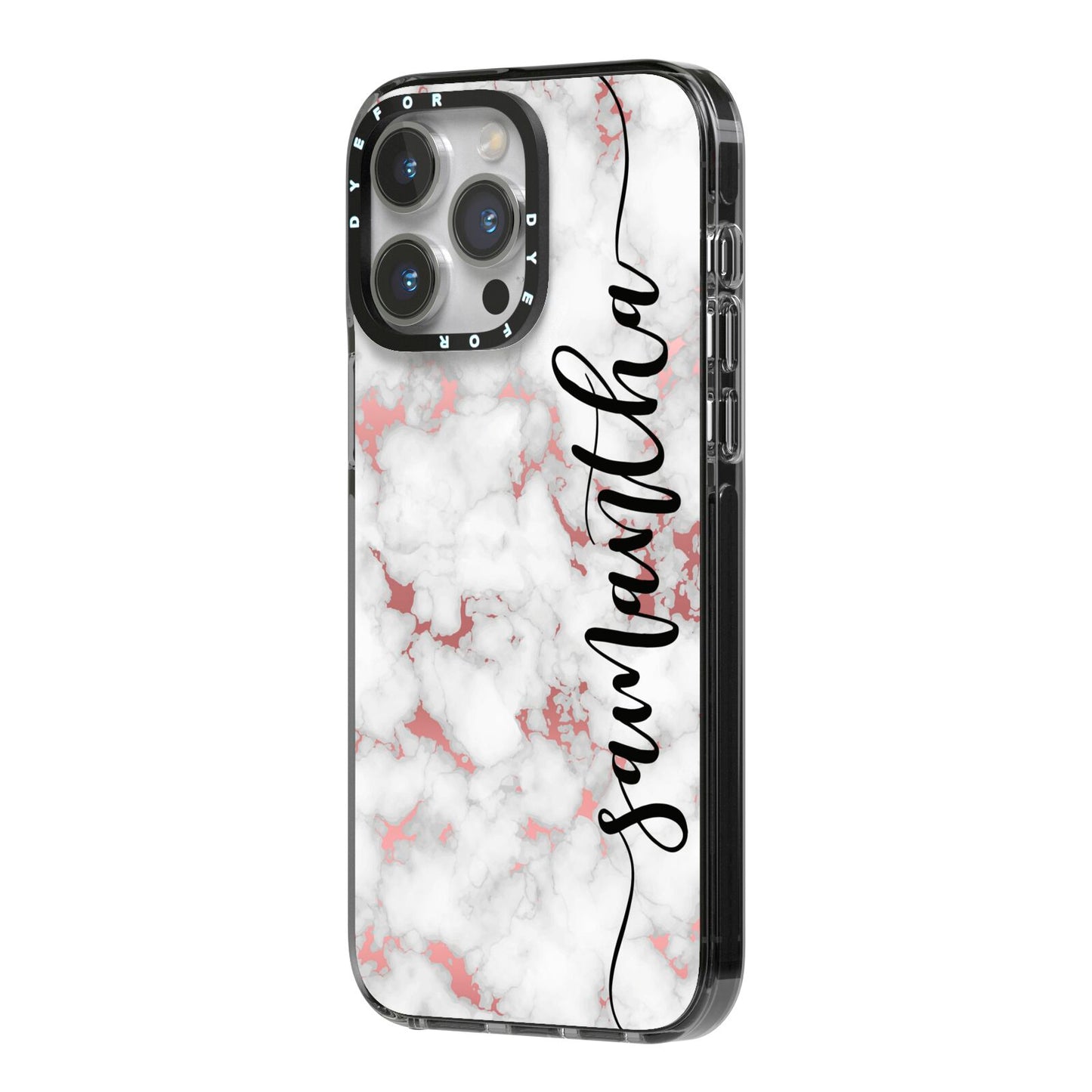 Rose Gold Marble Vertical Black Personalised Name iPhone 14 Pro Max Black Impact Case Side Angle on Silver phone