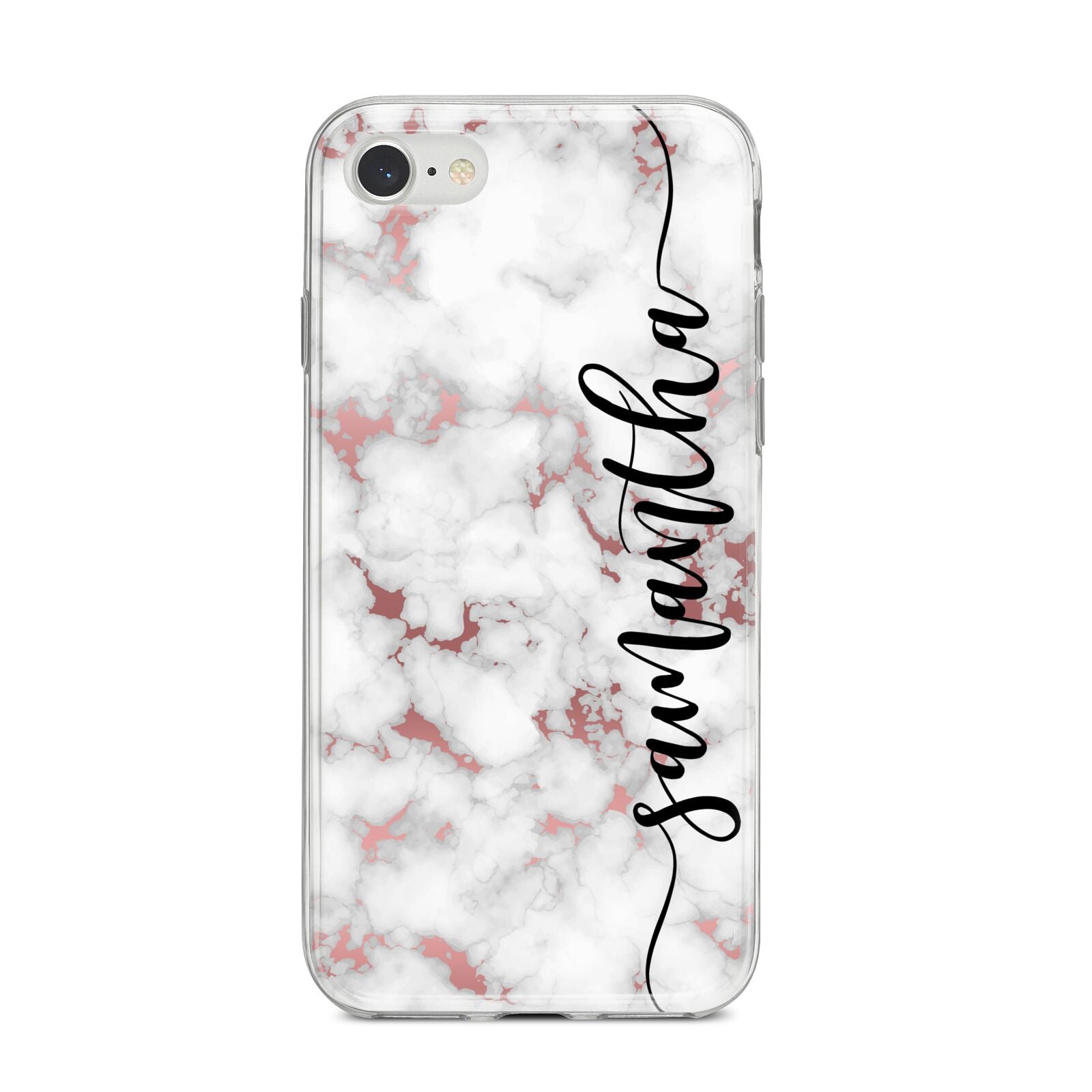 Rose Gold Marble Vertical Black Personalised Name iPhone 8 Bumper Case on Silver iPhone