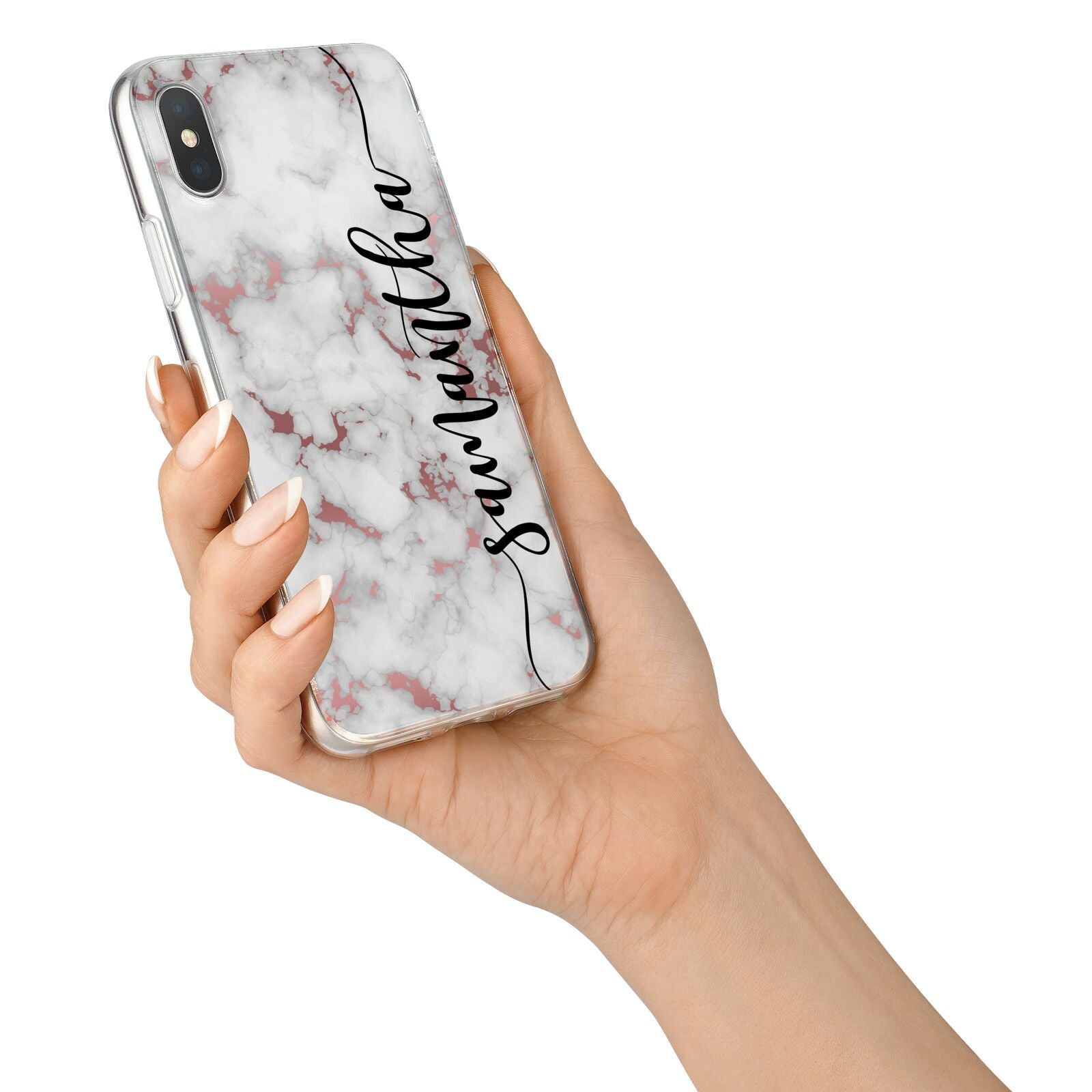 Rose Gold Marble Vertical Black Personalised Name iPhone X Bumper Case on Silver iPhone Alternative Image 2