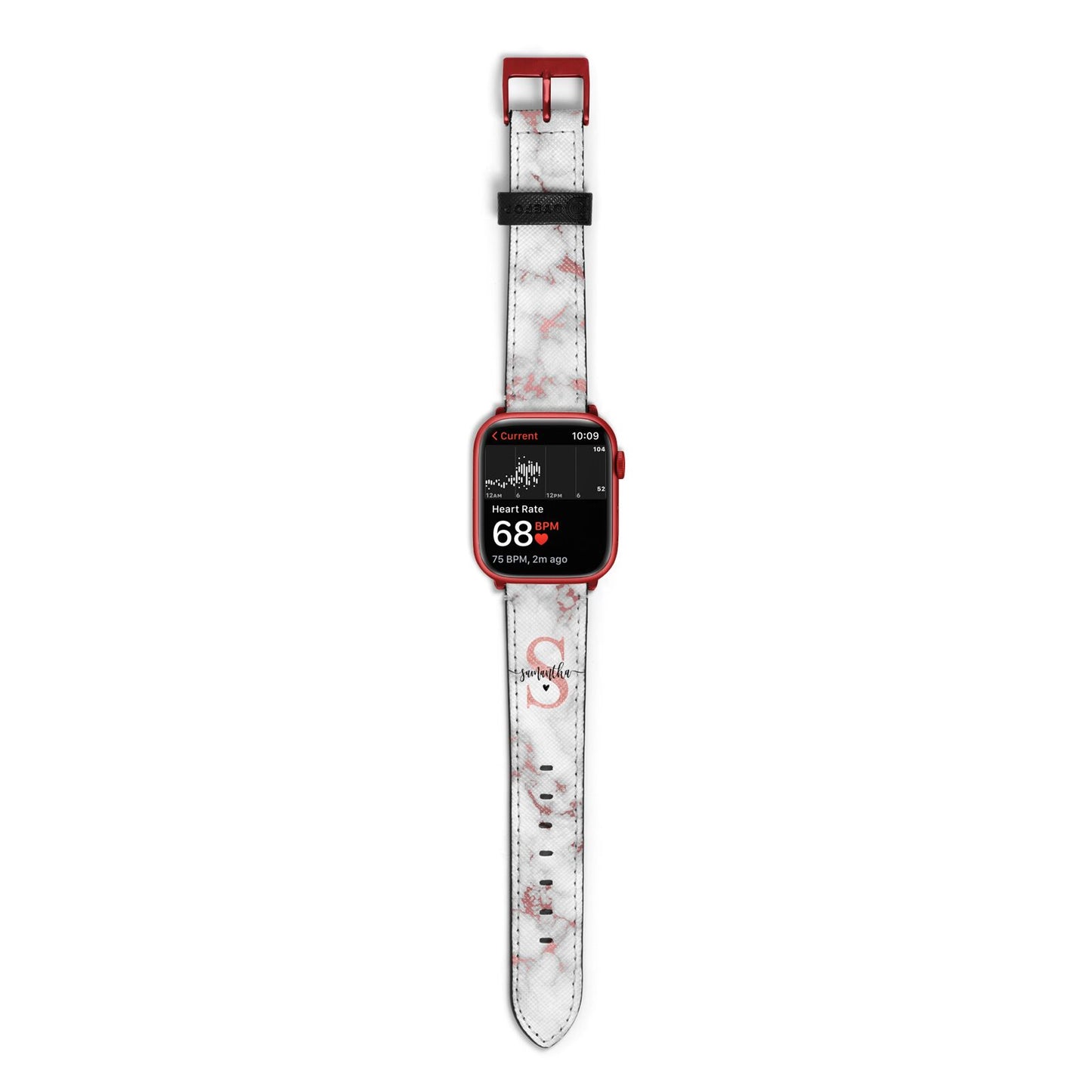 Rose Gold Personalised Marble Glitter Initial Name Apple Watch Strap Size 38mm with Red Hardware