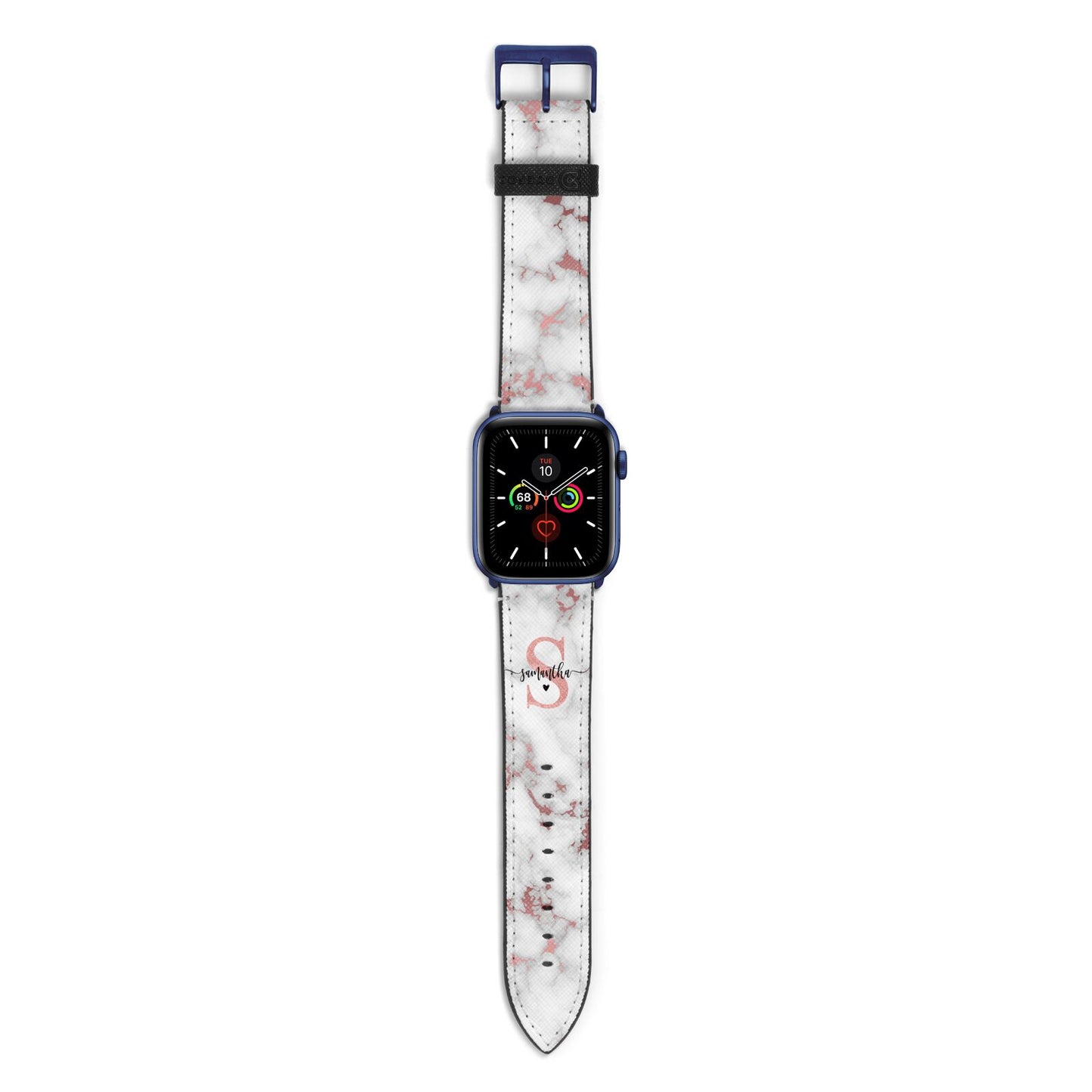 Rose Gold Personalised Marble Glitter Initial Name Apple Watch Strap with Blue Hardware