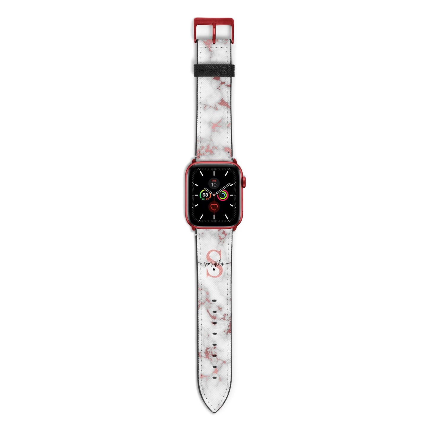 Rose Gold Personalised Marble Glitter Initial Name Apple Watch Strap with Red Hardware