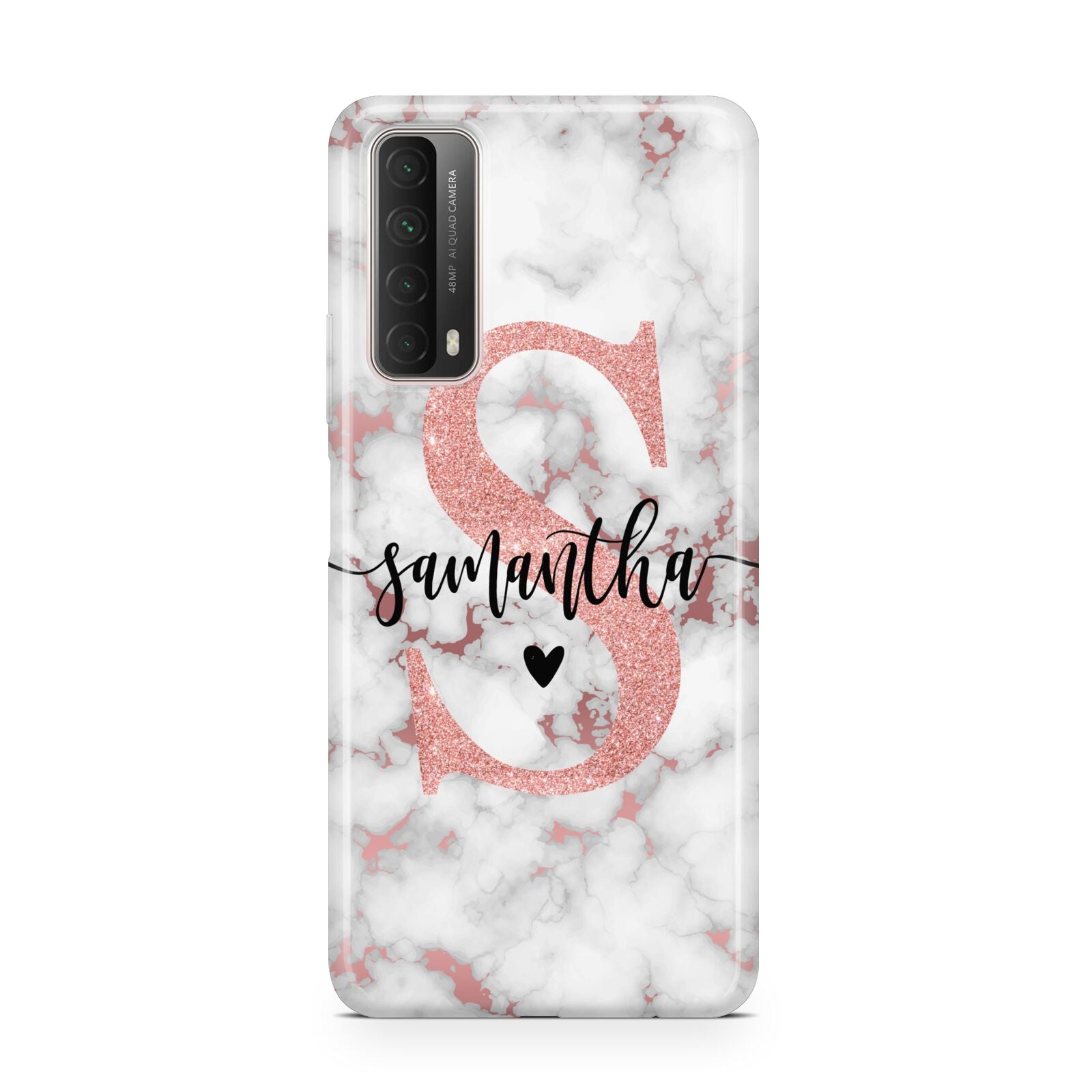 Rose Gold Personalised Marble Glitter Initial Name Huawei P Smart 2021