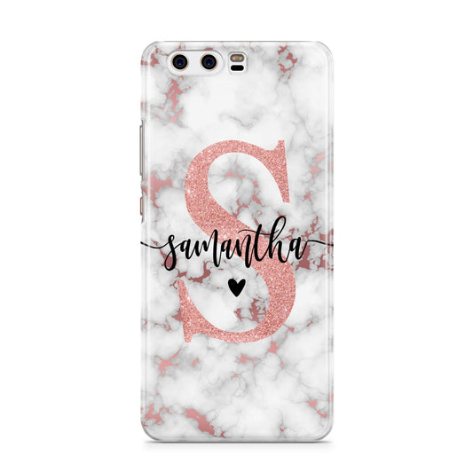 Rose Gold Personalised Marble Glitter Initial Name Huawei P10 Phone Case