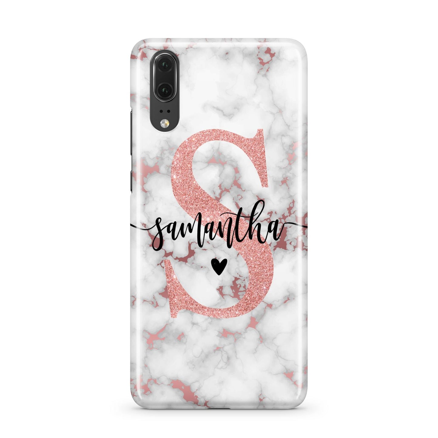 Rose Gold Personalised Marble Glitter Initial Name Huawei P20 Phone Case