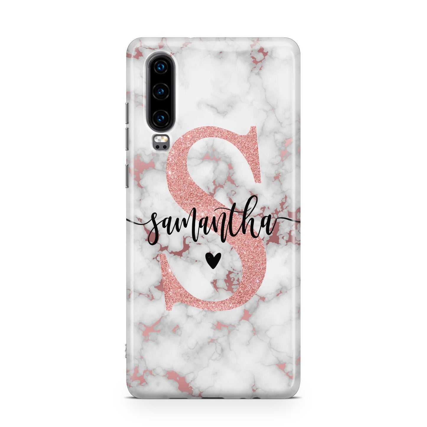 Rose Gold Personalised Marble Glitter Initial Name Huawei P30 Phone Case