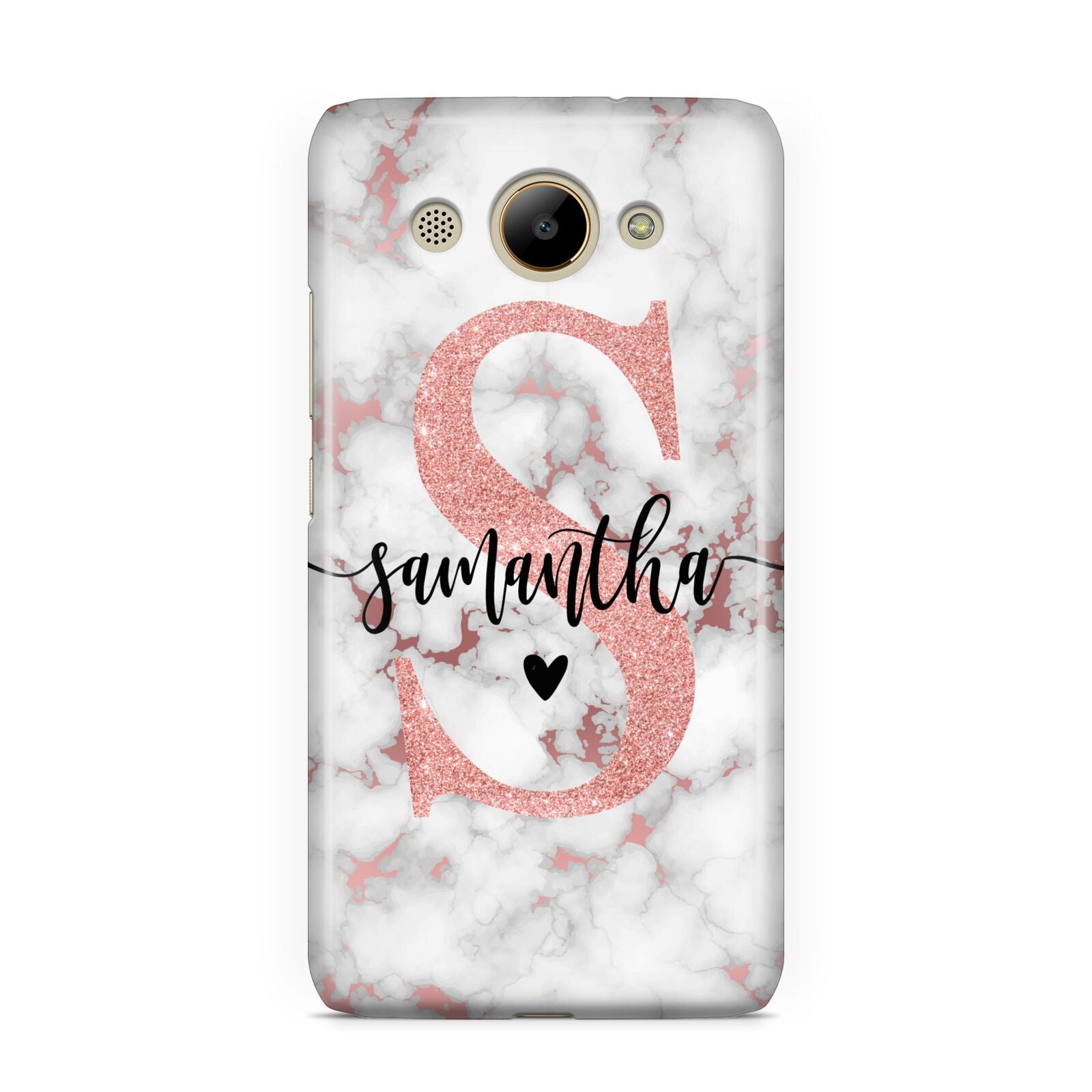 Rose Gold Personalised Marble Glitter Initial Name Huawei Y3 2017