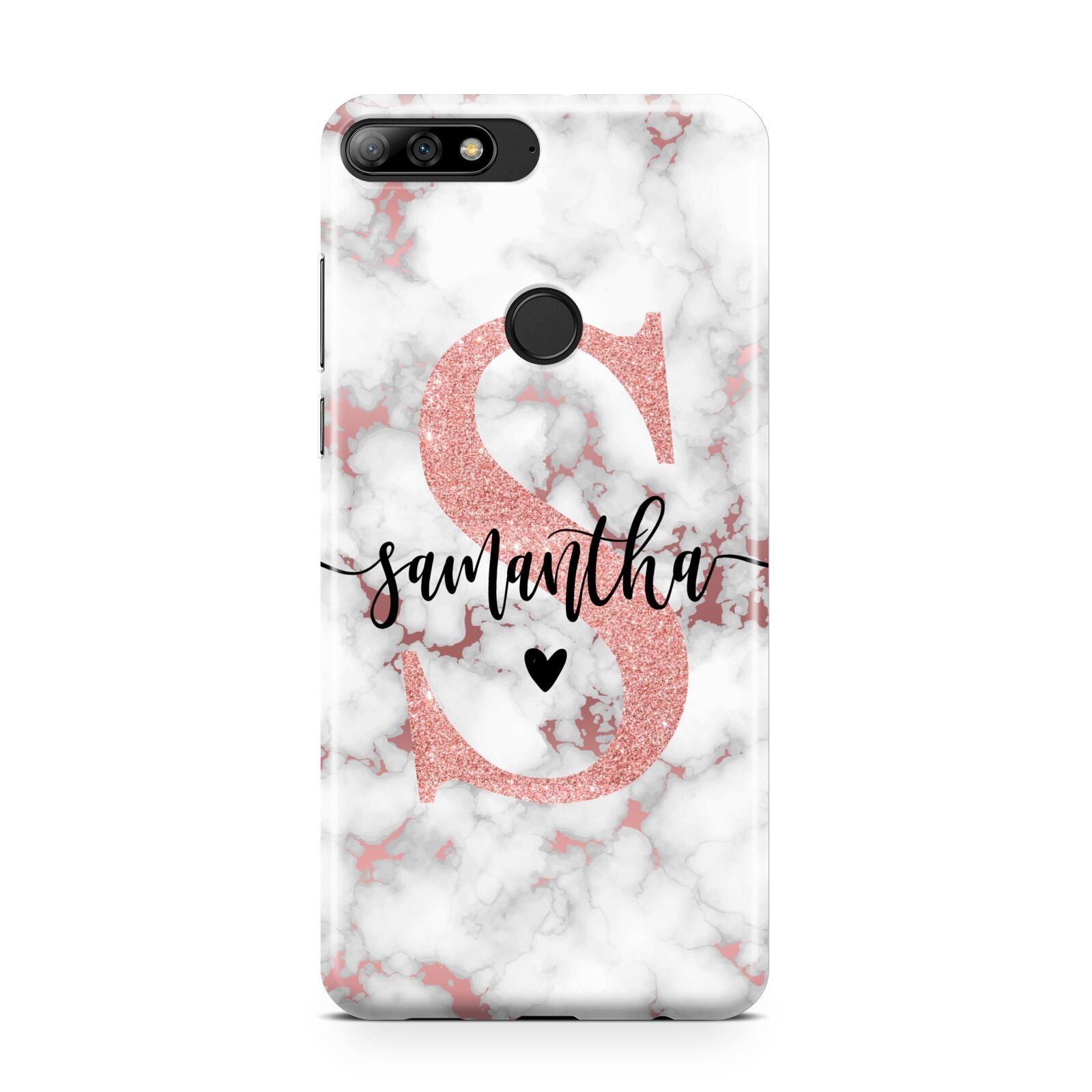 Rose Gold Personalised Marble Glitter Initial Name Huawei Y7 2018