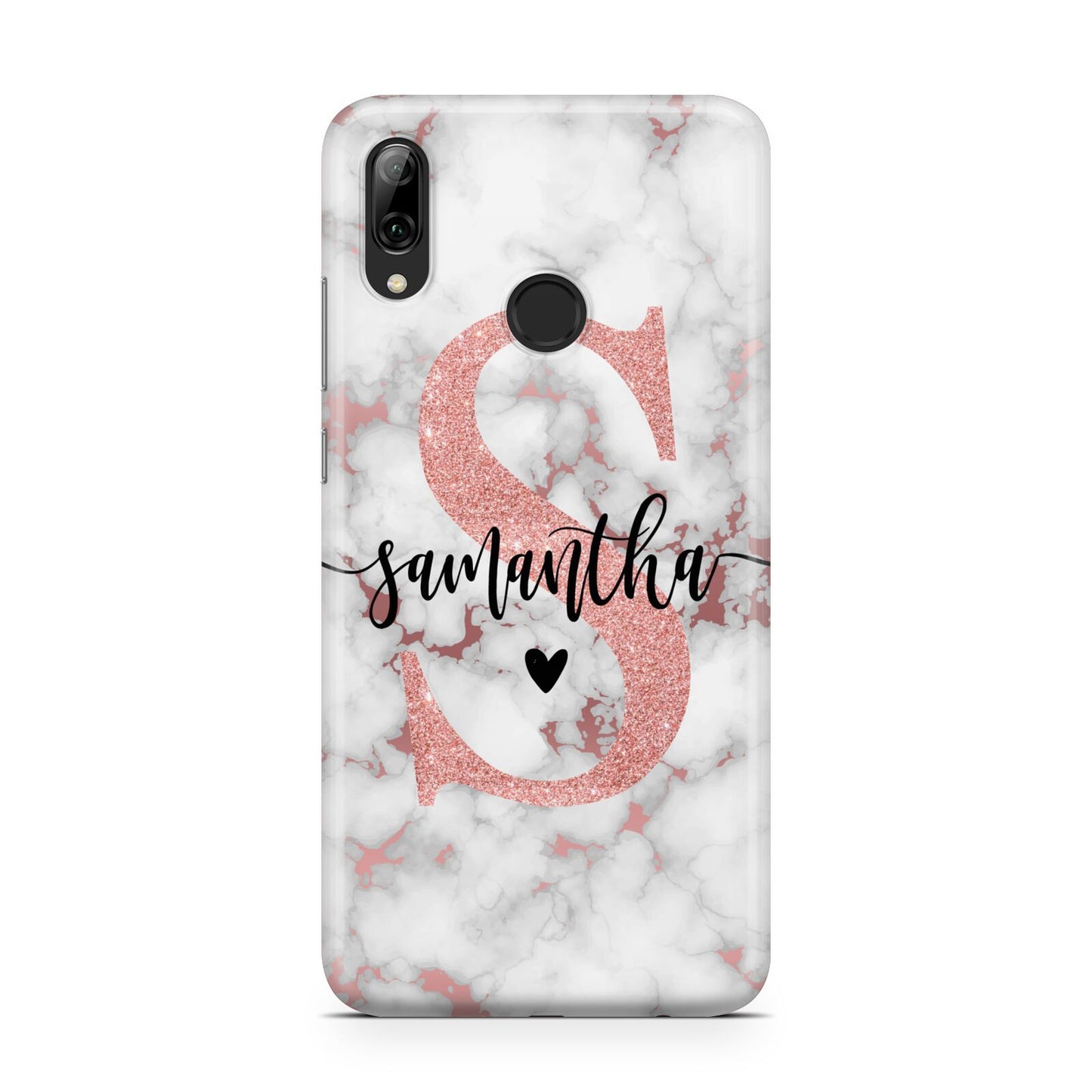 Rose Gold Personalised Marble Glitter Initial Name Huawei Y7 2019