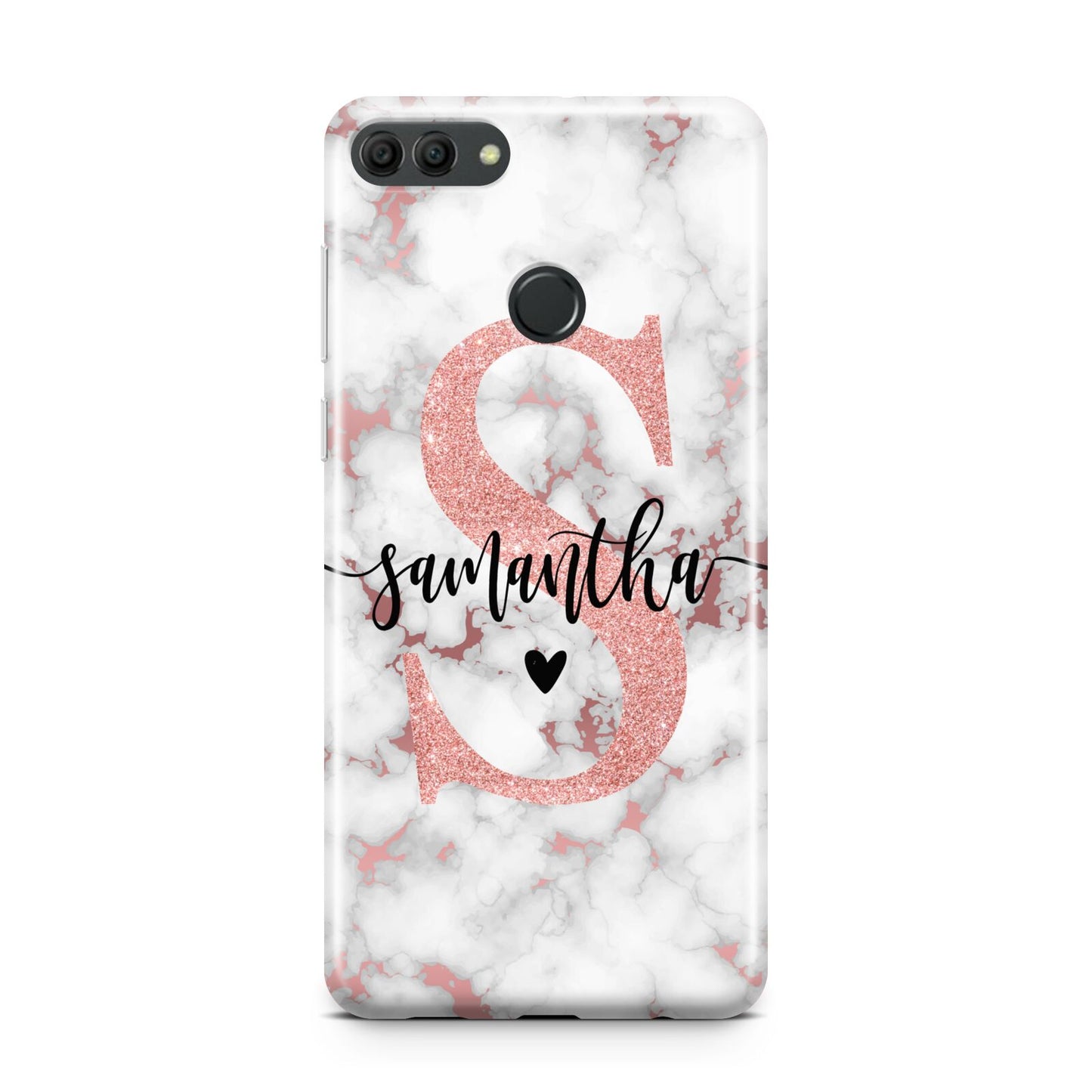 Rose Gold Personalised Marble Glitter Initial Name Huawei Y9 2018