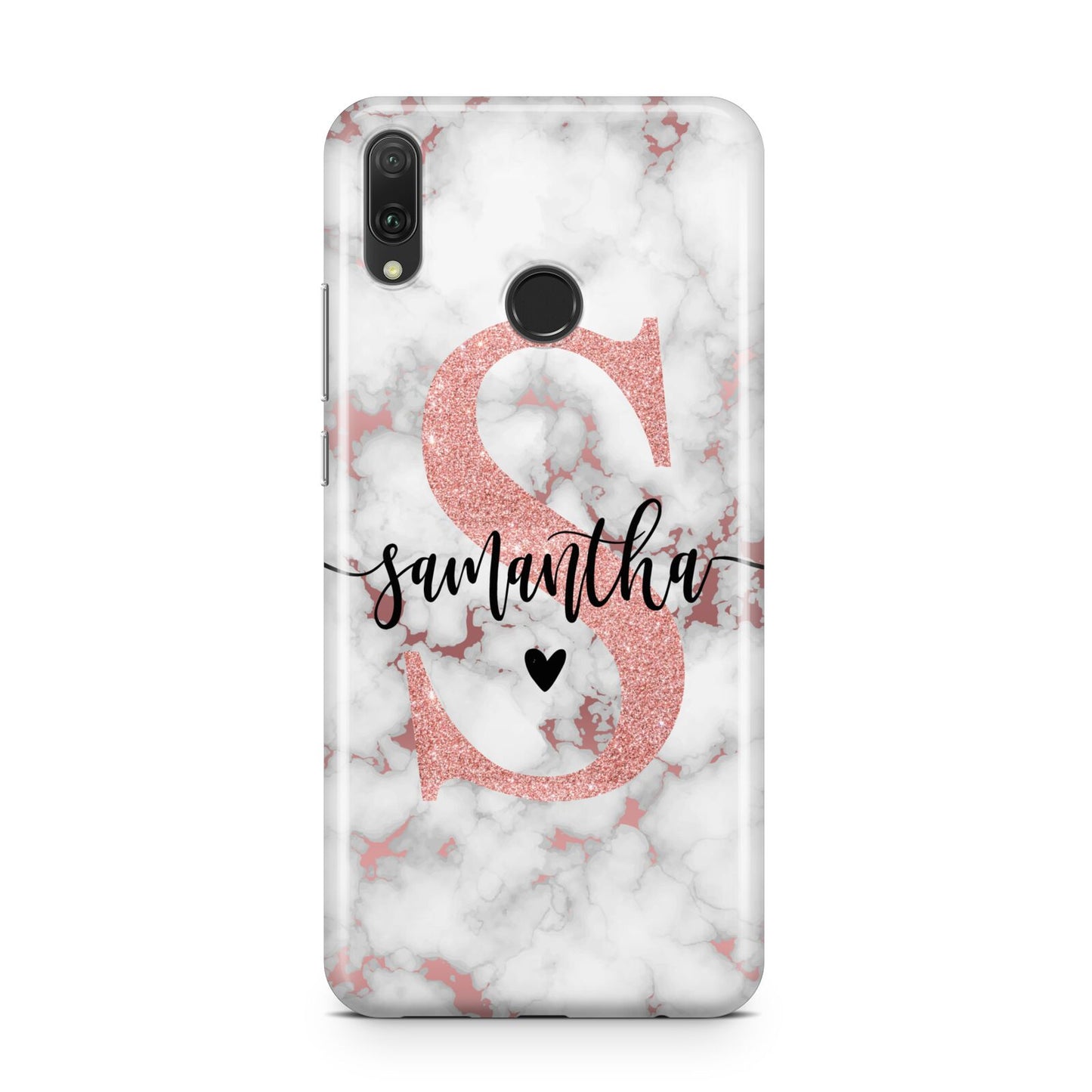 Rose Gold Personalised Marble Glitter Initial Name Huawei Y9 2019